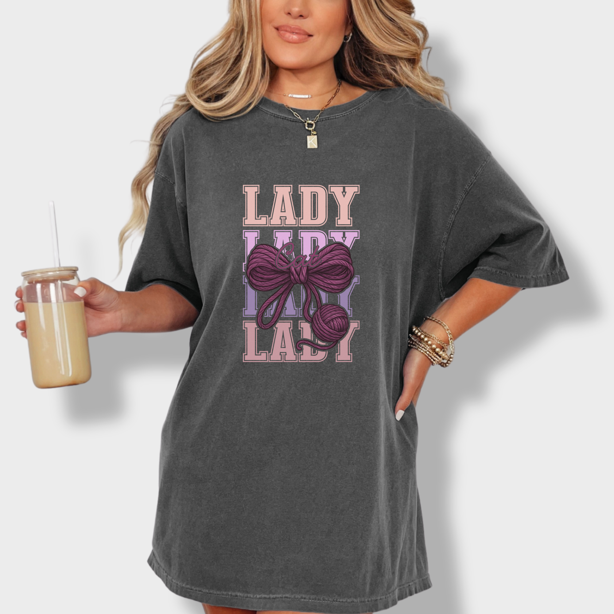 Retro Cat LADY Yarn Bow Cat Bow Comfort Colors T-Shirt in Pepper
