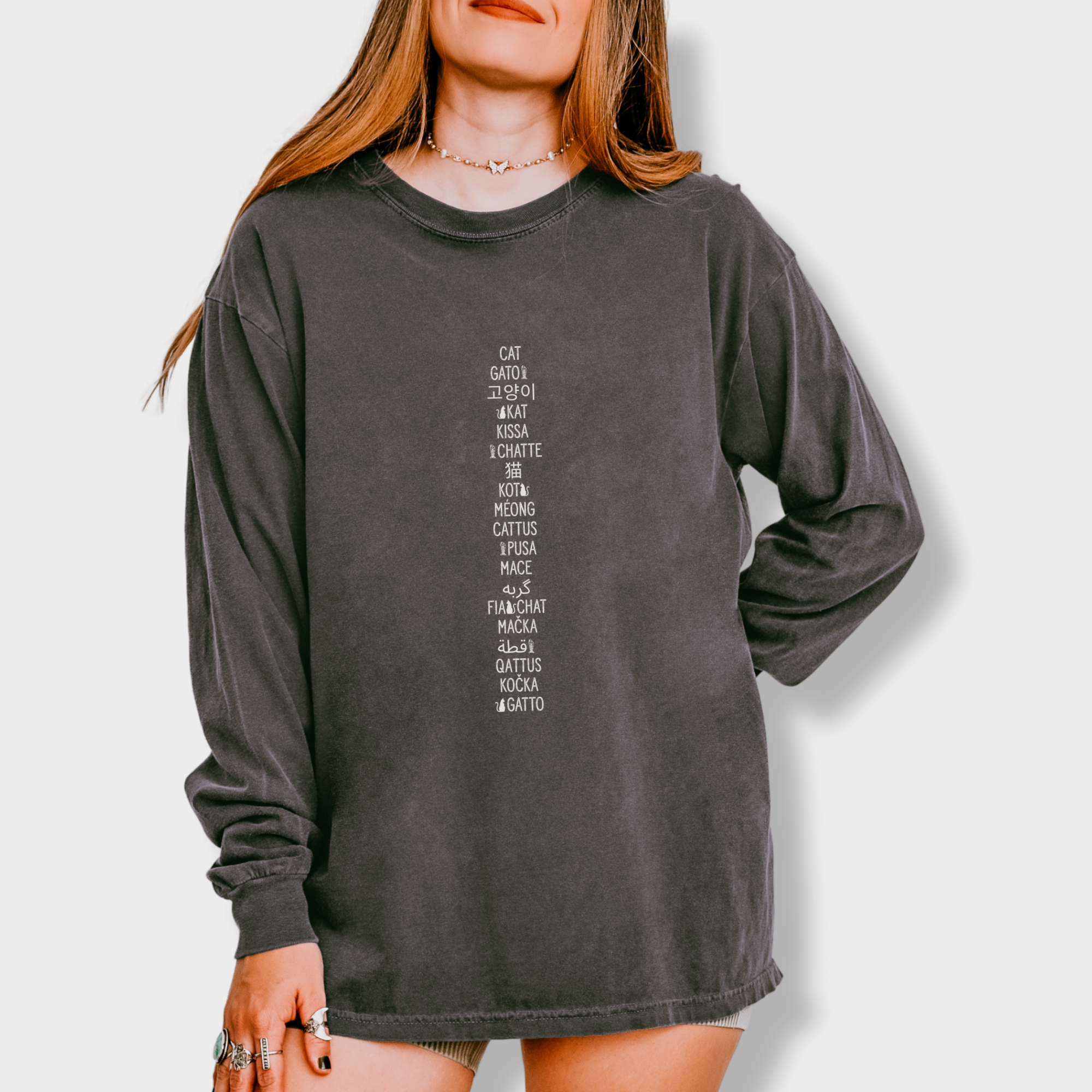 Minimalist CAT In Many Languages Cat Text Comfort Colors Long Sleeved T-Shirt in Pepper