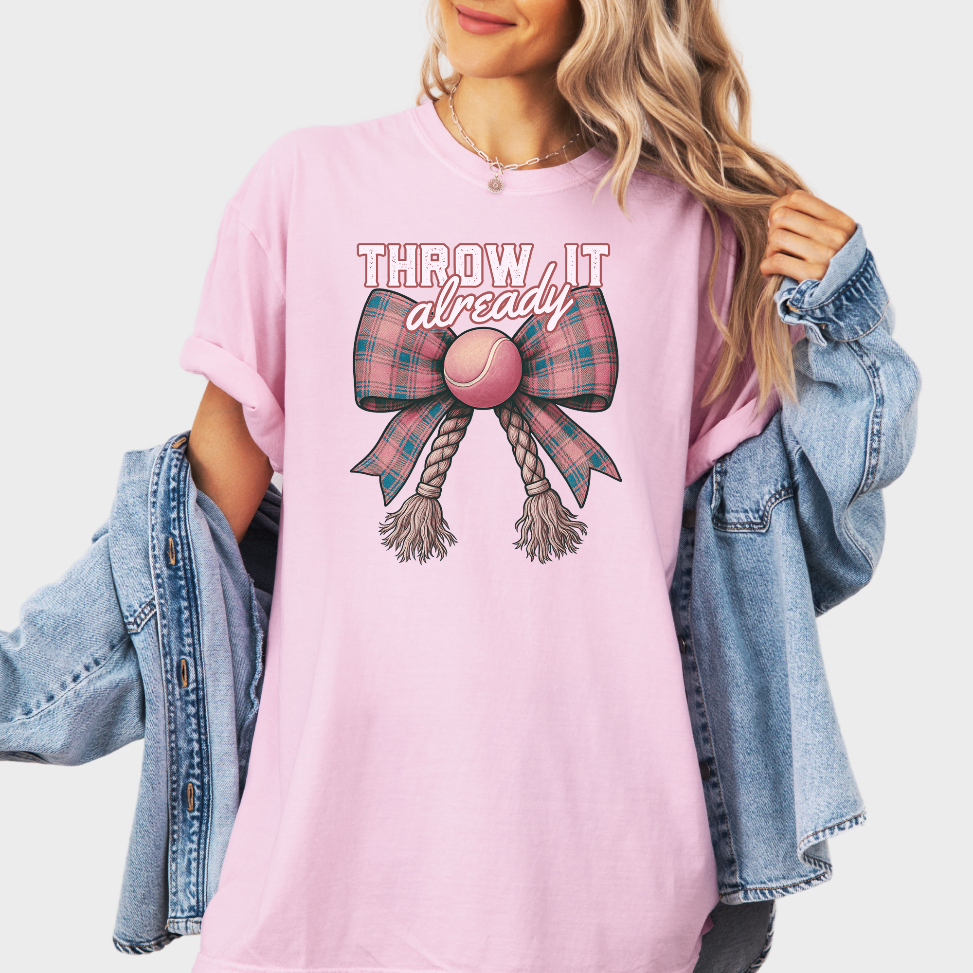 Retro Throw It Already Dog Chew Toy Bow in Pink Dog Bow Comfort Colors T-Shirt in Blossom-Fetch N Found