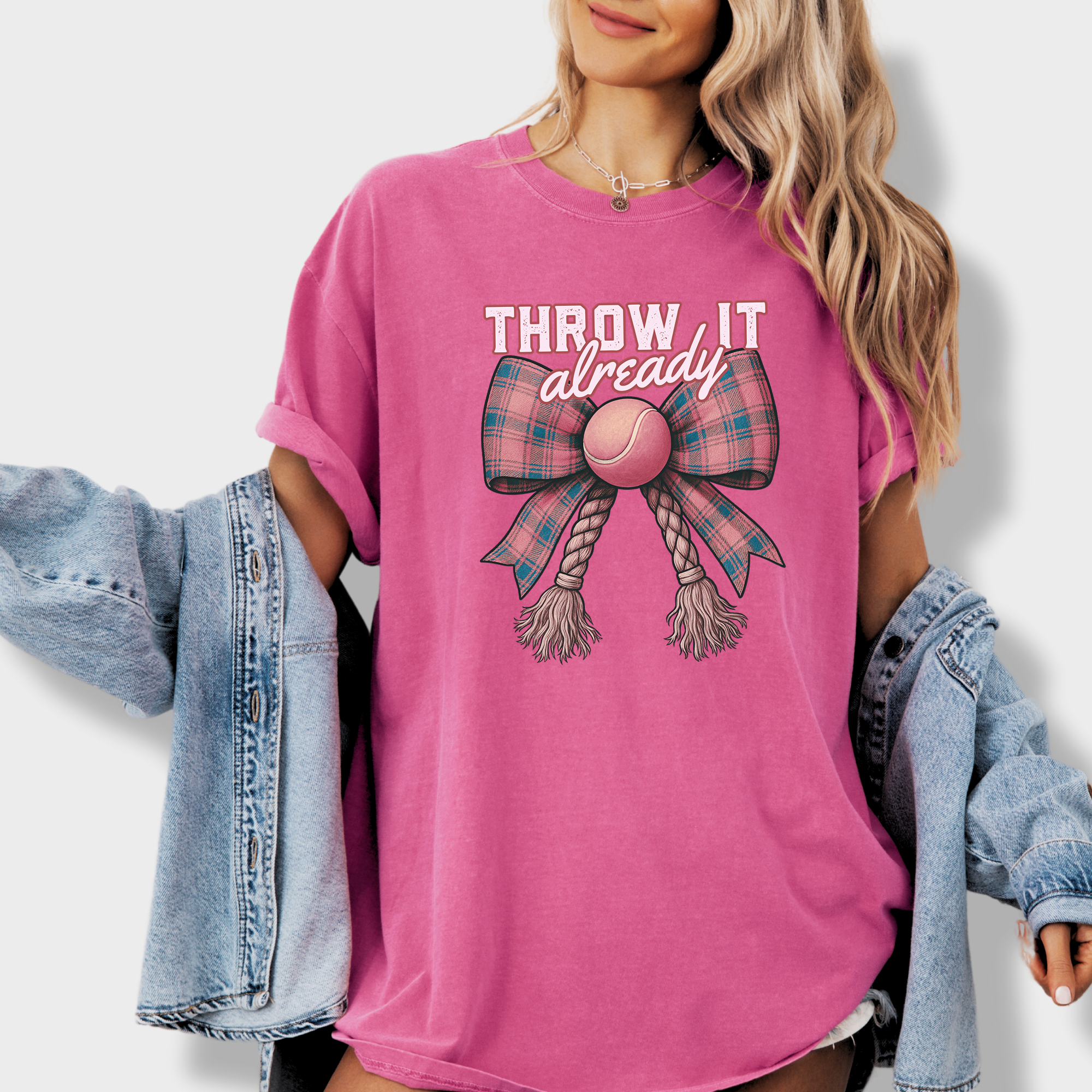 Retro Throw It Already Dog Chew Toy Bow in Pink Dog Bow Comfort Colors T-Shirt in Crunchberry-Fetch N Found