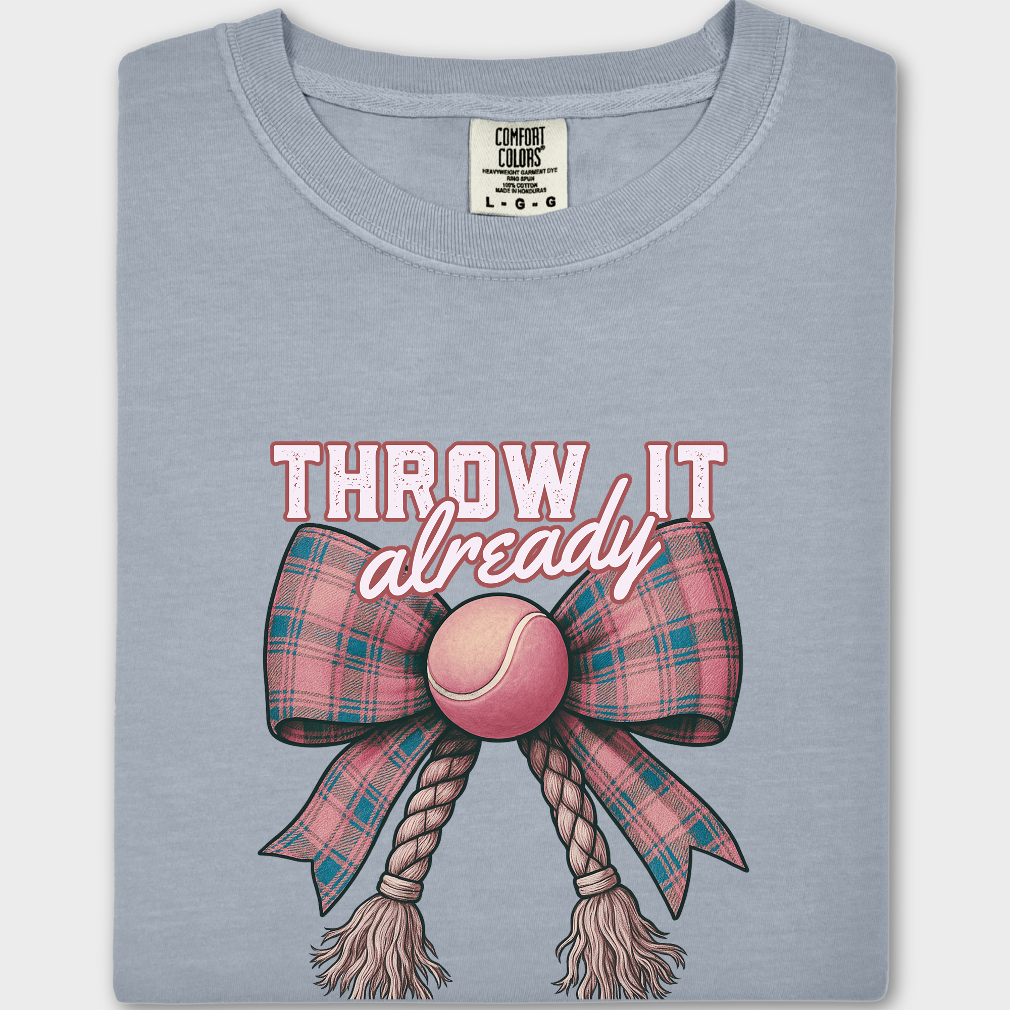 Retro Throw It Already Dog Chew Toy Bow in Pink Dog Bow Comfort Colors T-Shirt in Granite-Fetch N Found