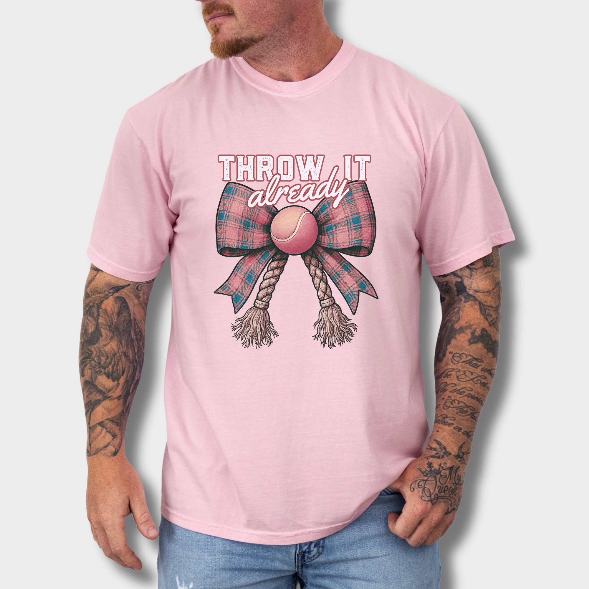 Retro Throw It Already Dog Chew Toy Bow in Pink Dog Bow Comfort Colors T-Shirt in Blossom-Fetch N Found