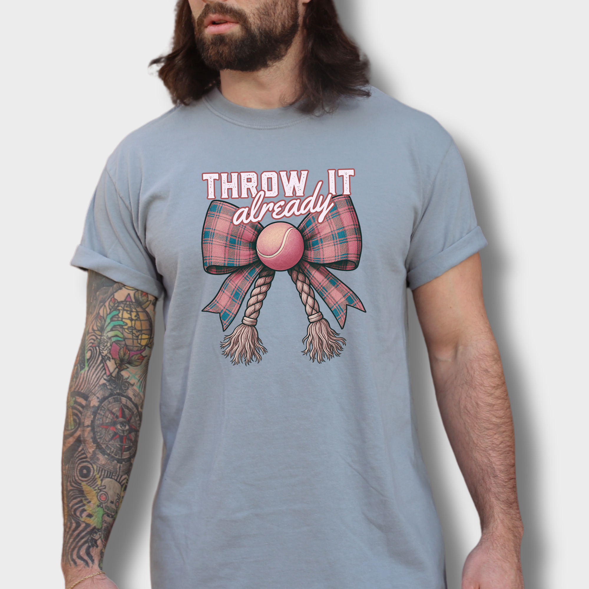Retro Throw It Already Dog Chew Toy Bow in Pink Dog Bow Comfort Colors T-Shirt in Granite-Fetch N Found