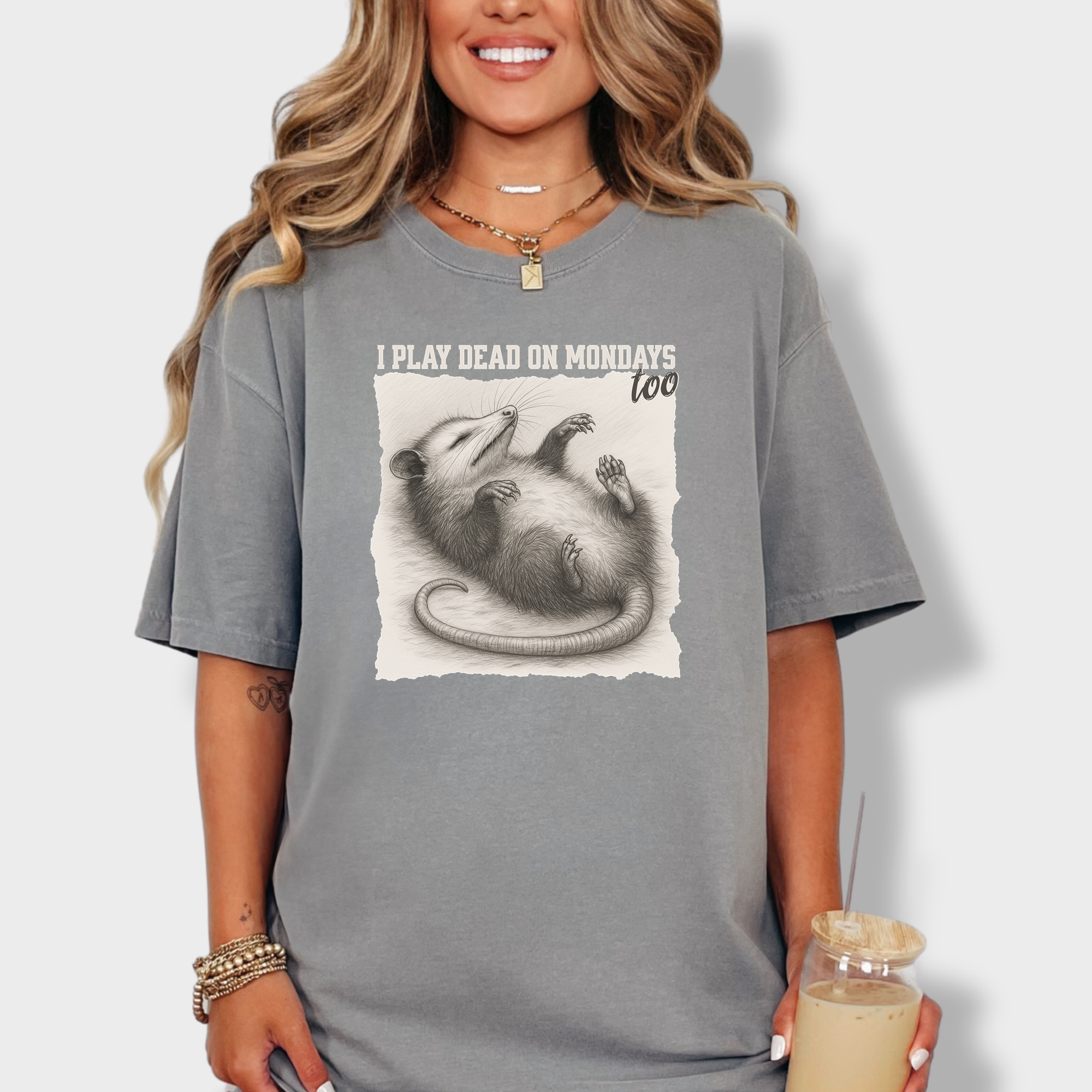 Western I Play Dead on Mondays Too Feral Line Art Comfort Colors T-Shirt in Gray-T-Shirt-Fetch N Found