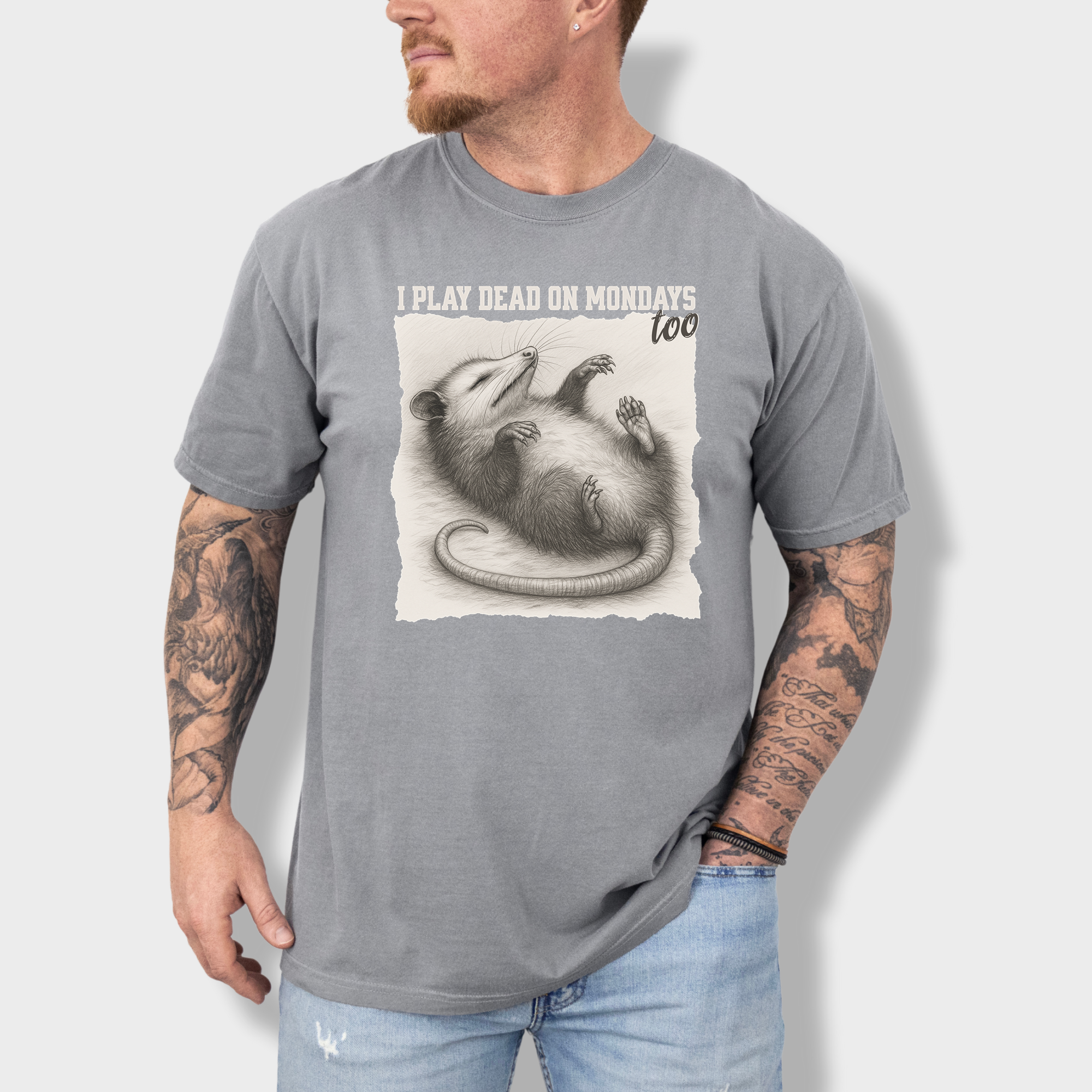 Western I Play Dead on Mondays Too Feral Line Art Comfort Colors T-Shirt in Gray-T-Shirt-Fetch N Found