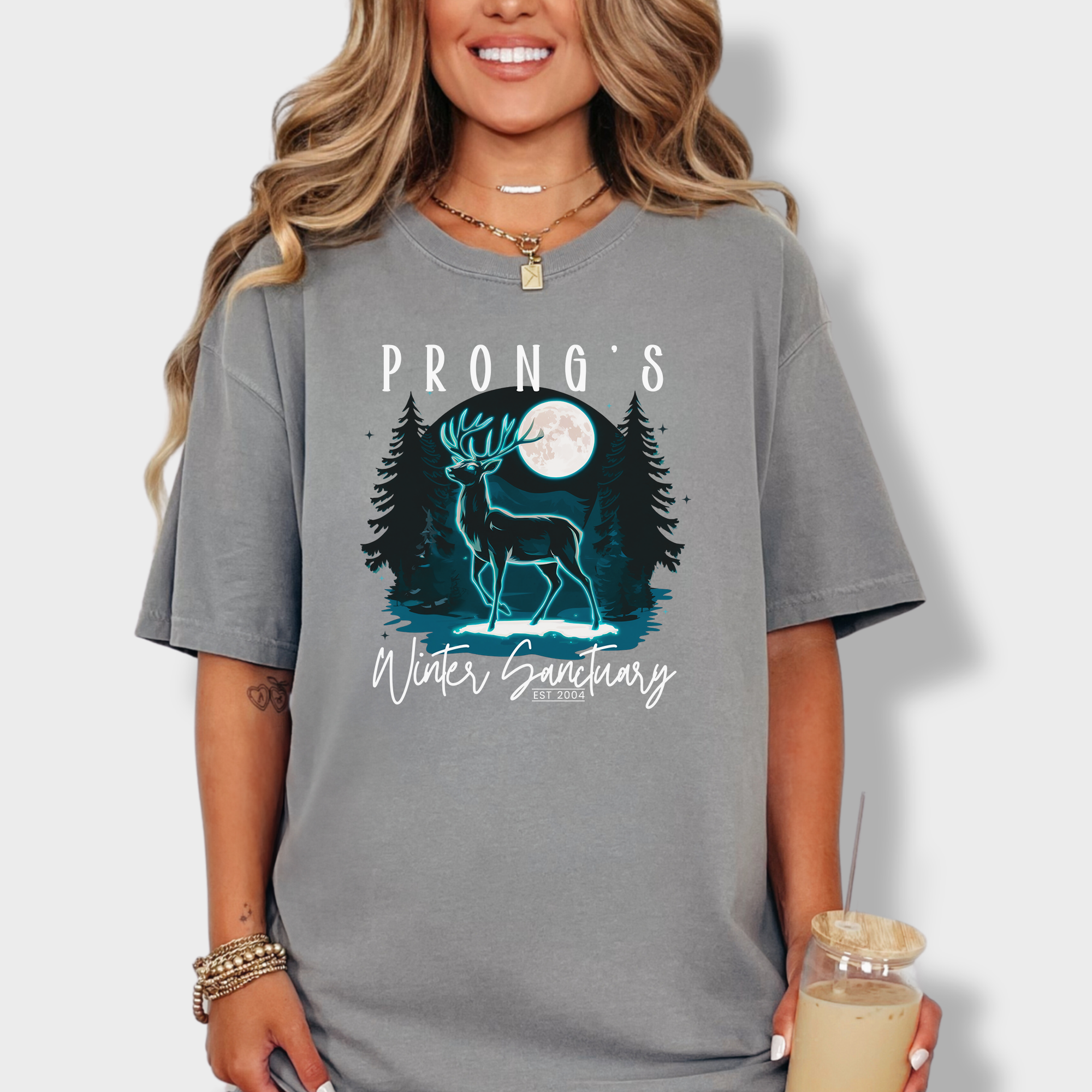Ethereal forest scene featuring a majestic deer under a glowing moon, with a tribute to Prongs from the Harry Potter series.