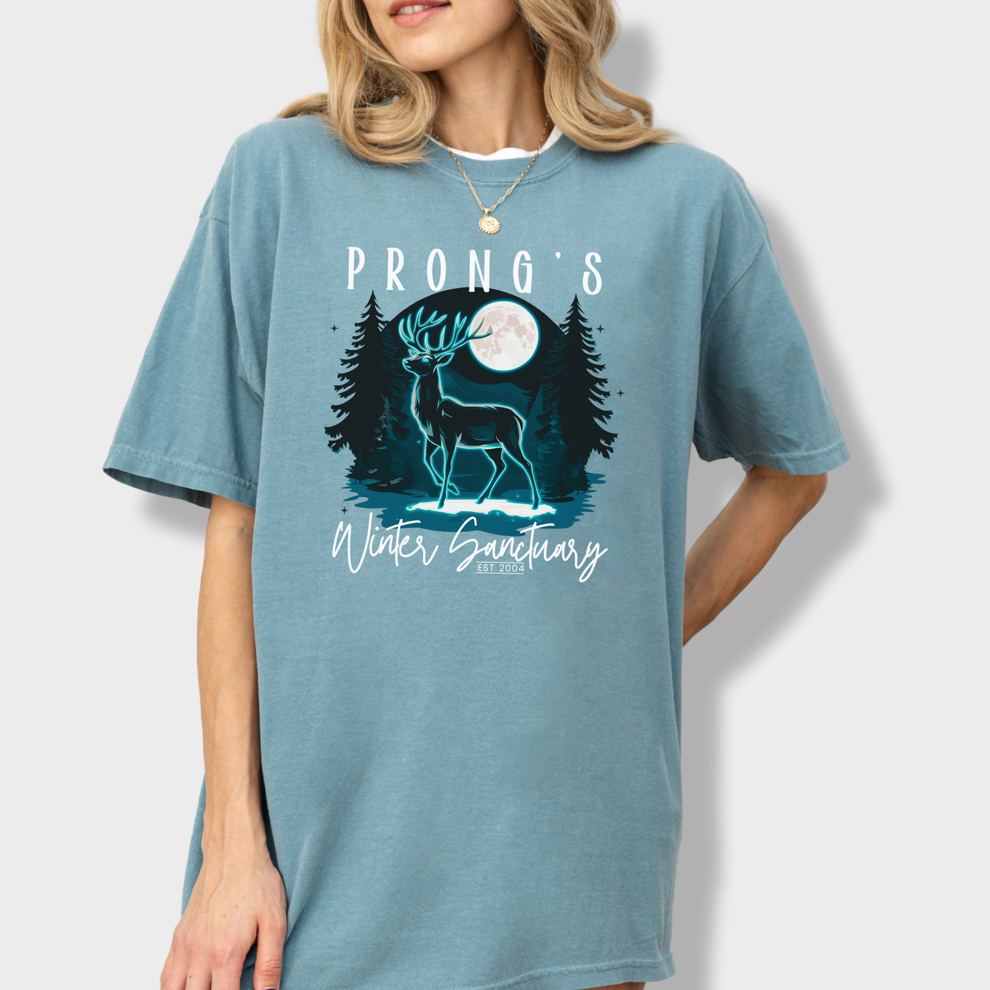 Beautiful nature-inspired Harry Potter-themed T-shirt with a glowing night forest, a standing deer, and a tribute to Prongs