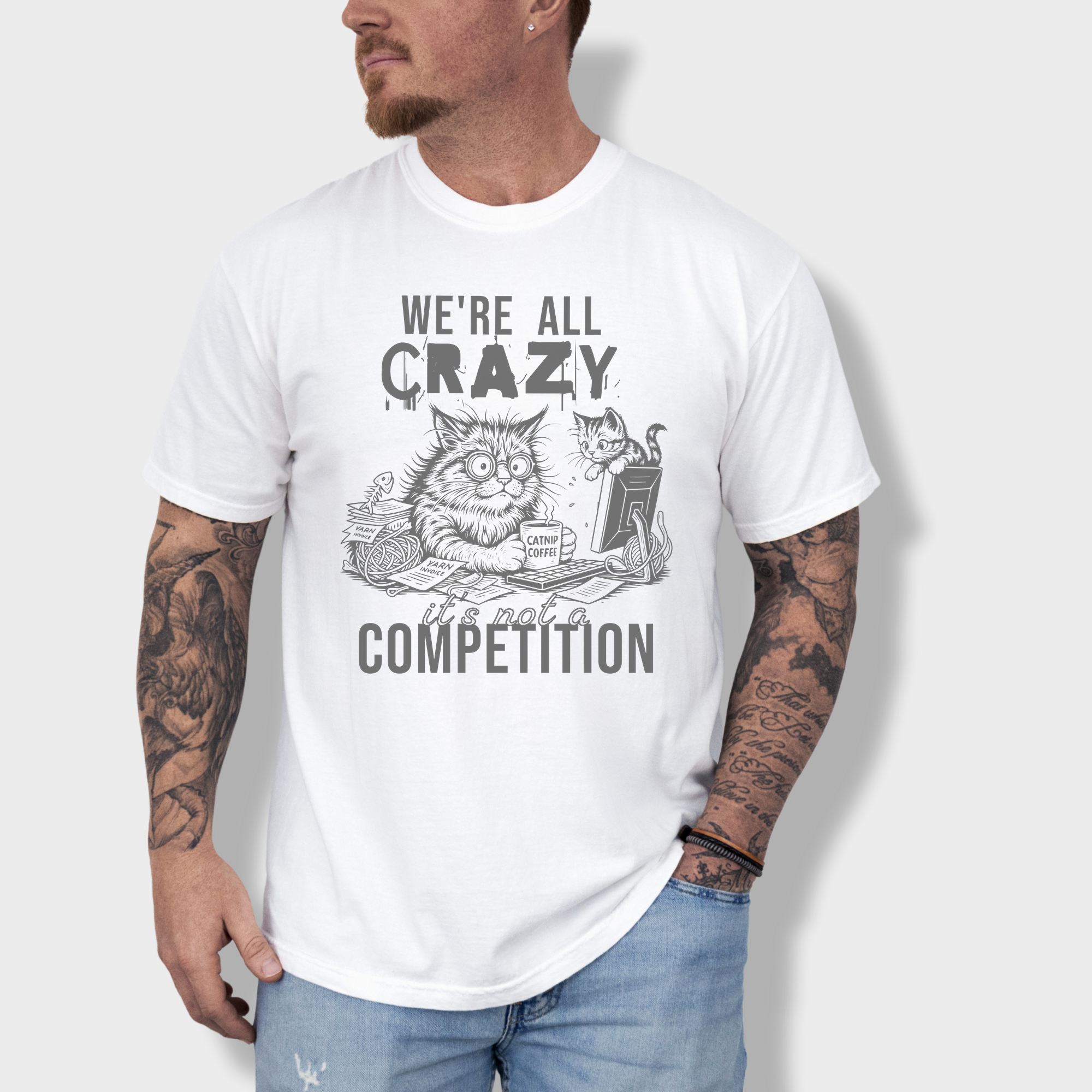 Line Art Were All Crazy Its Not a Competition Cat Graphic Comfort Colors T-Shirt in White-T-Shirt-White-Fetch N Found