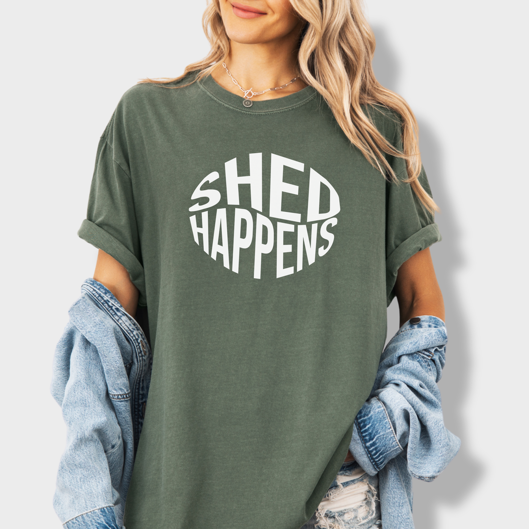 Retro SHED Happens Funny Pet Text T-Shirt in Moss