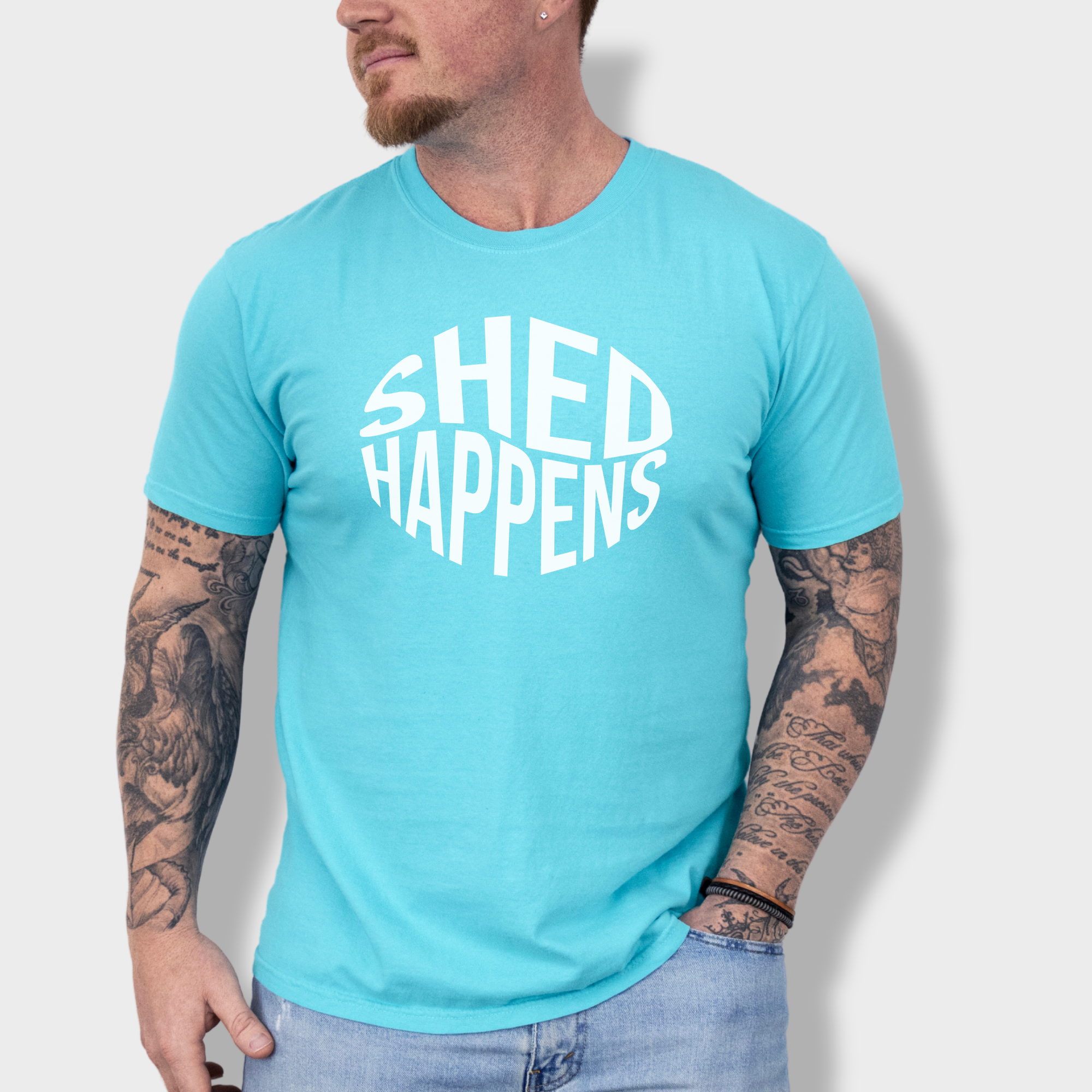 Retro SHED Happens Sarcastic Pet Text T-Shirt in Lagoon Blue