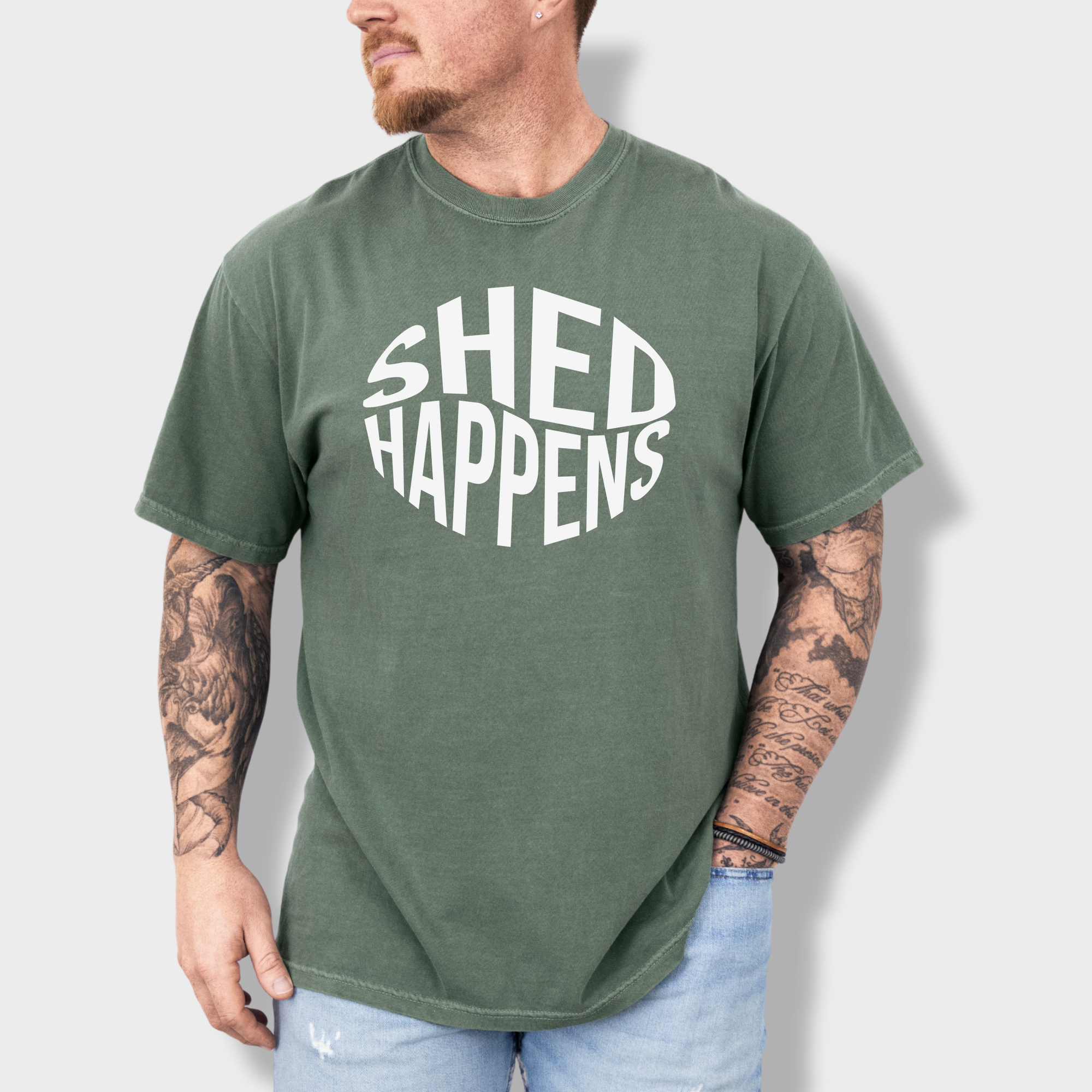 Retro SHED Happens Funny Pet Text T-Shirt in Moss