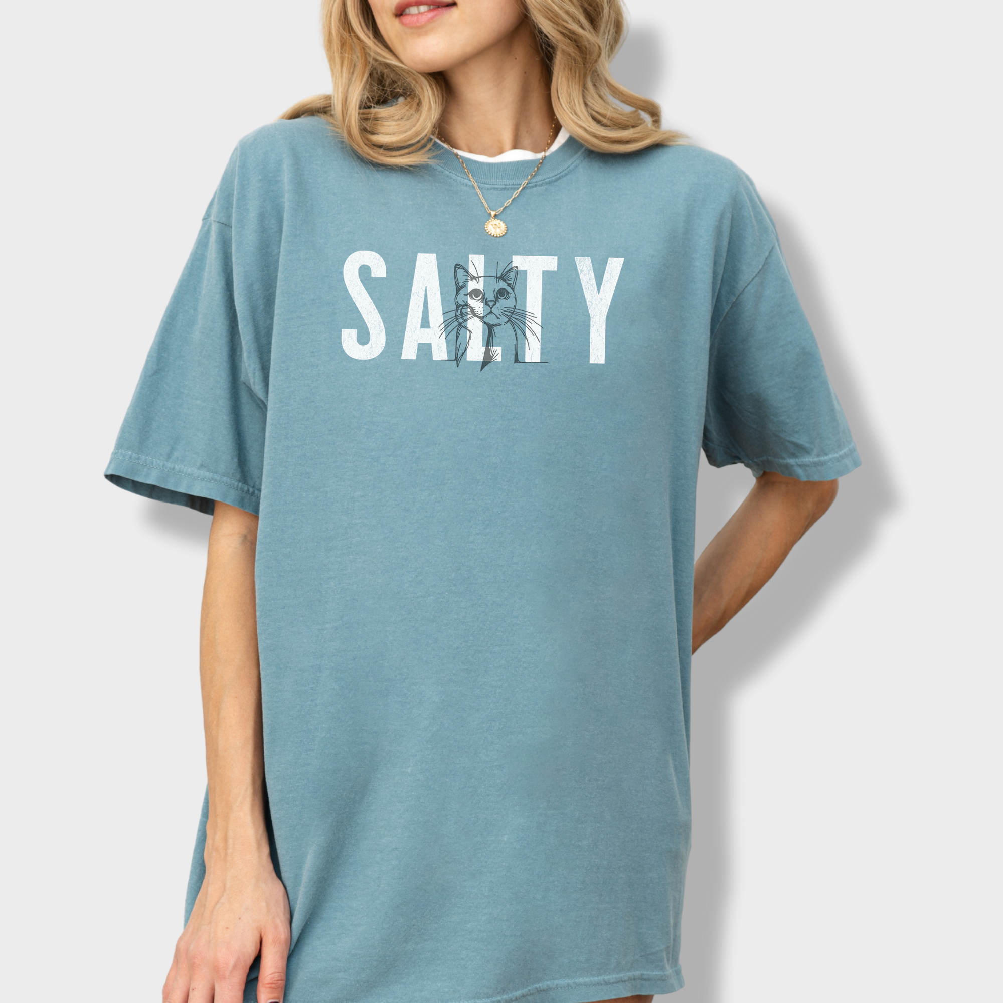 Retro Salty Cat Text Comfort Colors T-Shirt in Ice Blue-Fetch N Found