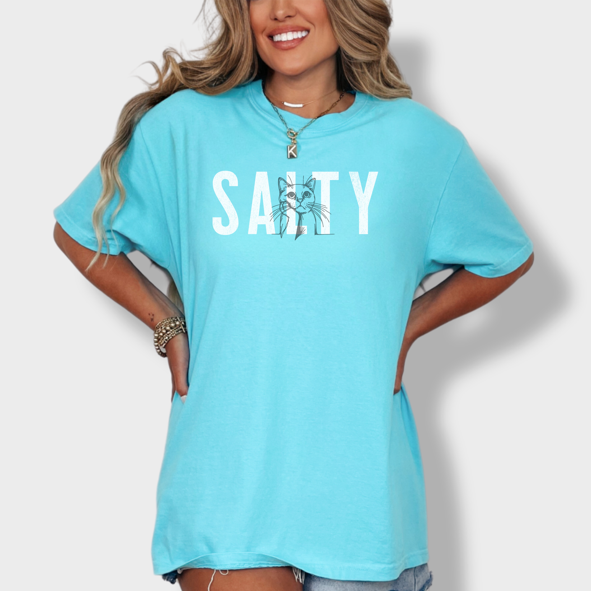 Retro Salty Cat Text Comfort Colors T-Shirt in Lagoon Blue-Fetch N Found