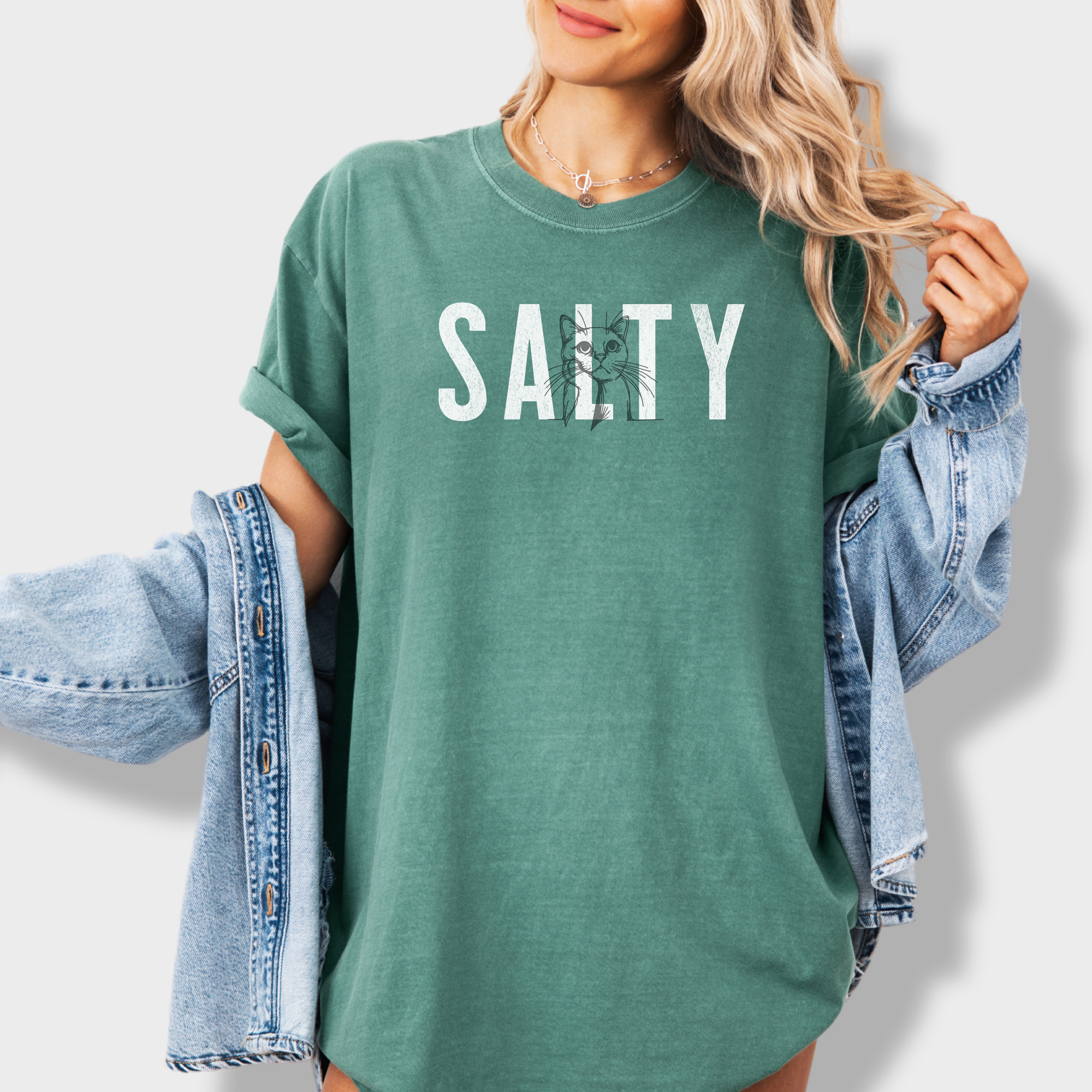 Retro Salty Cat Text Comfort Colors T-Shirt in Light Green-Fetch N Found