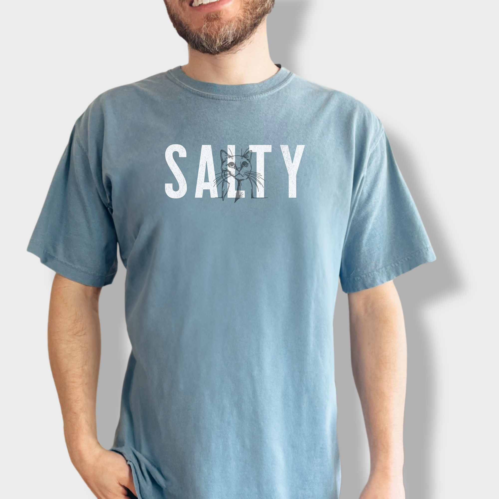 Retro Salty Cat Text Comfort Colors T-Shirt in Ice Blue-Fetch N Found