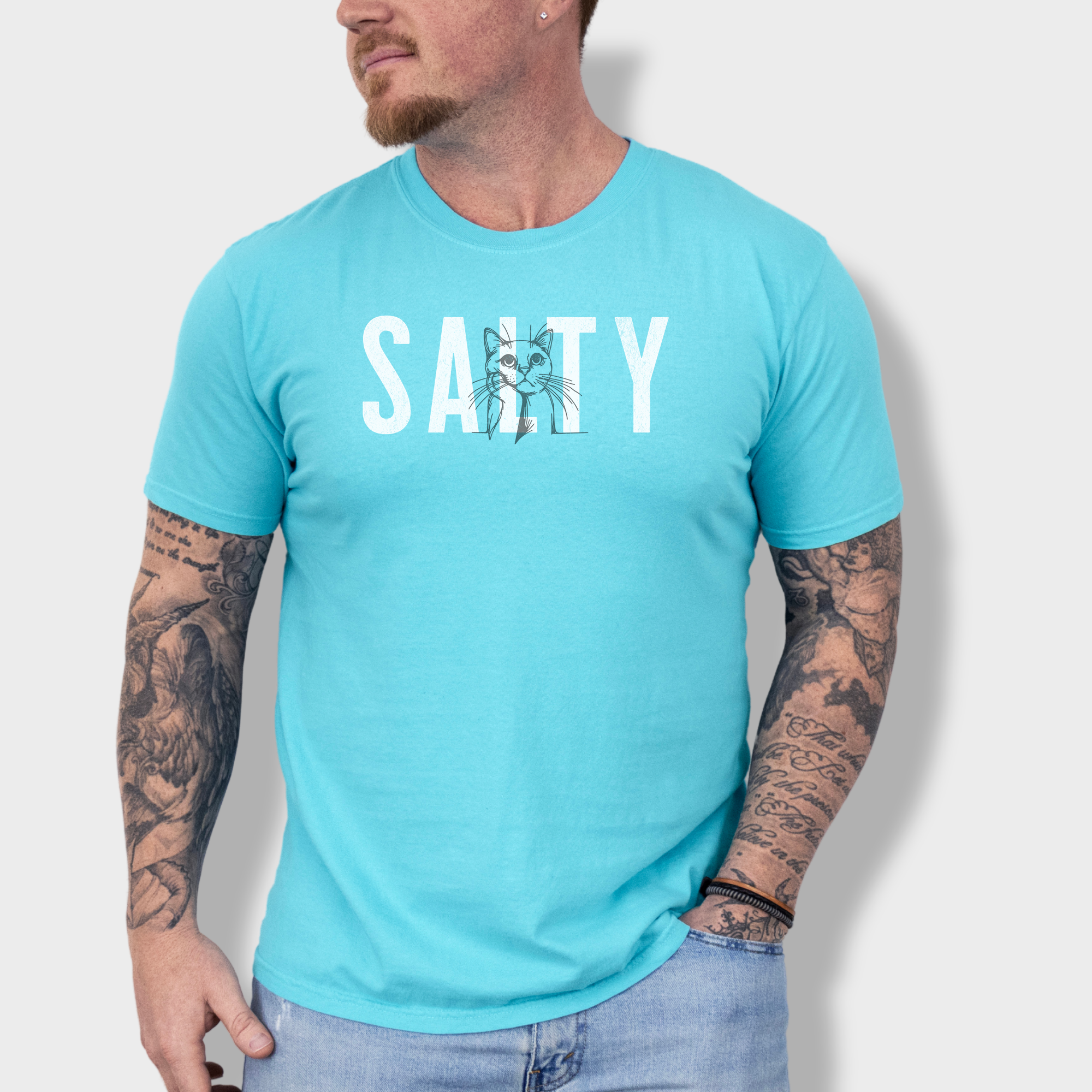 Retro Salty Cat Text Comfort Colors T-Shirt in Lagoon Blue-Fetch N Found
