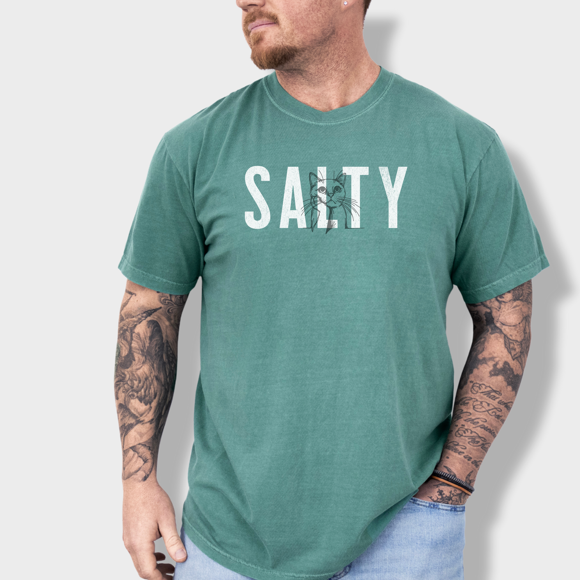 Retro Salty Cat Text Comfort Colors T-Shirt in Light Green-Fetch N Found
