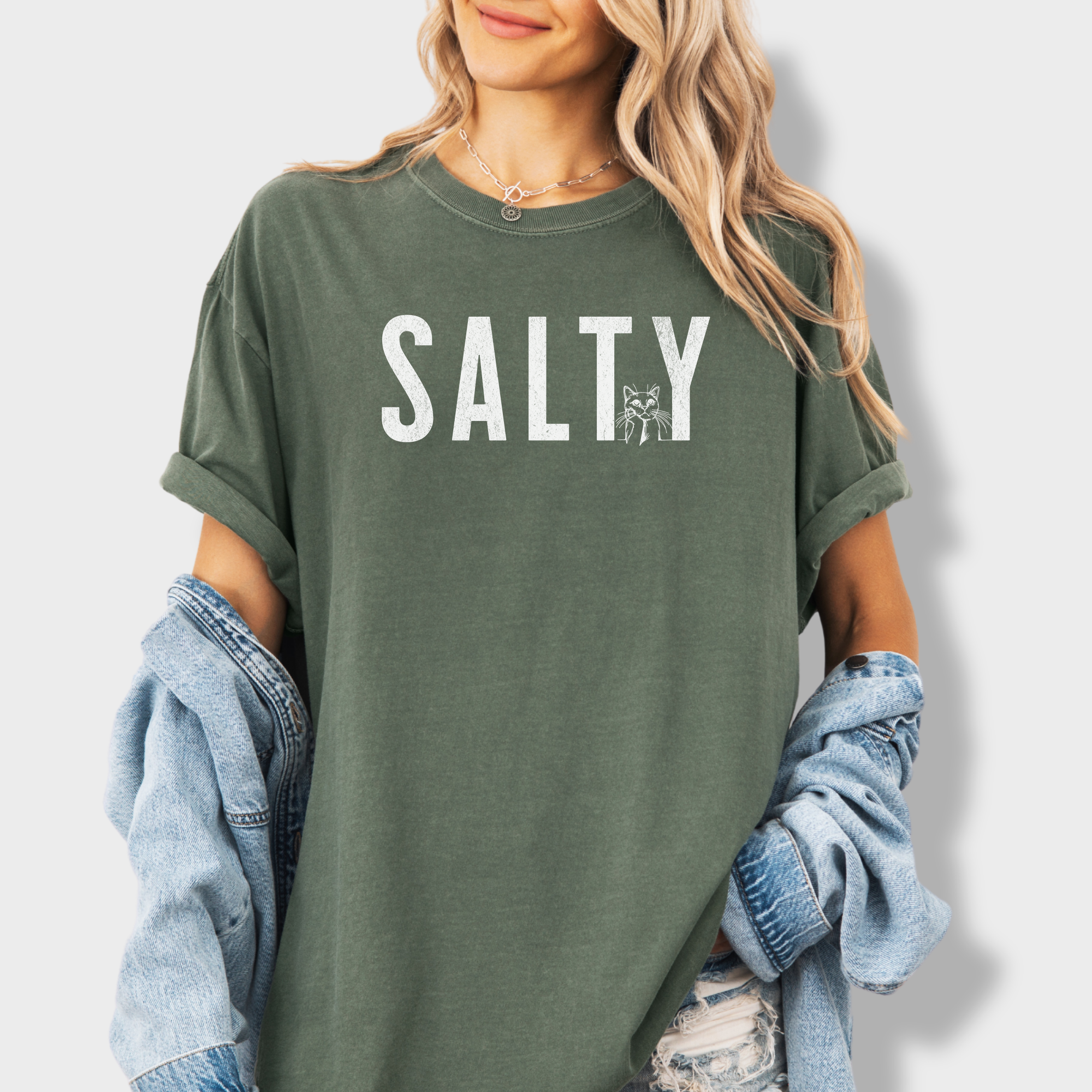 Retro Salty Minimalist Cat Text Comfort Colors T-Shirt in Moss-Fetch N Found