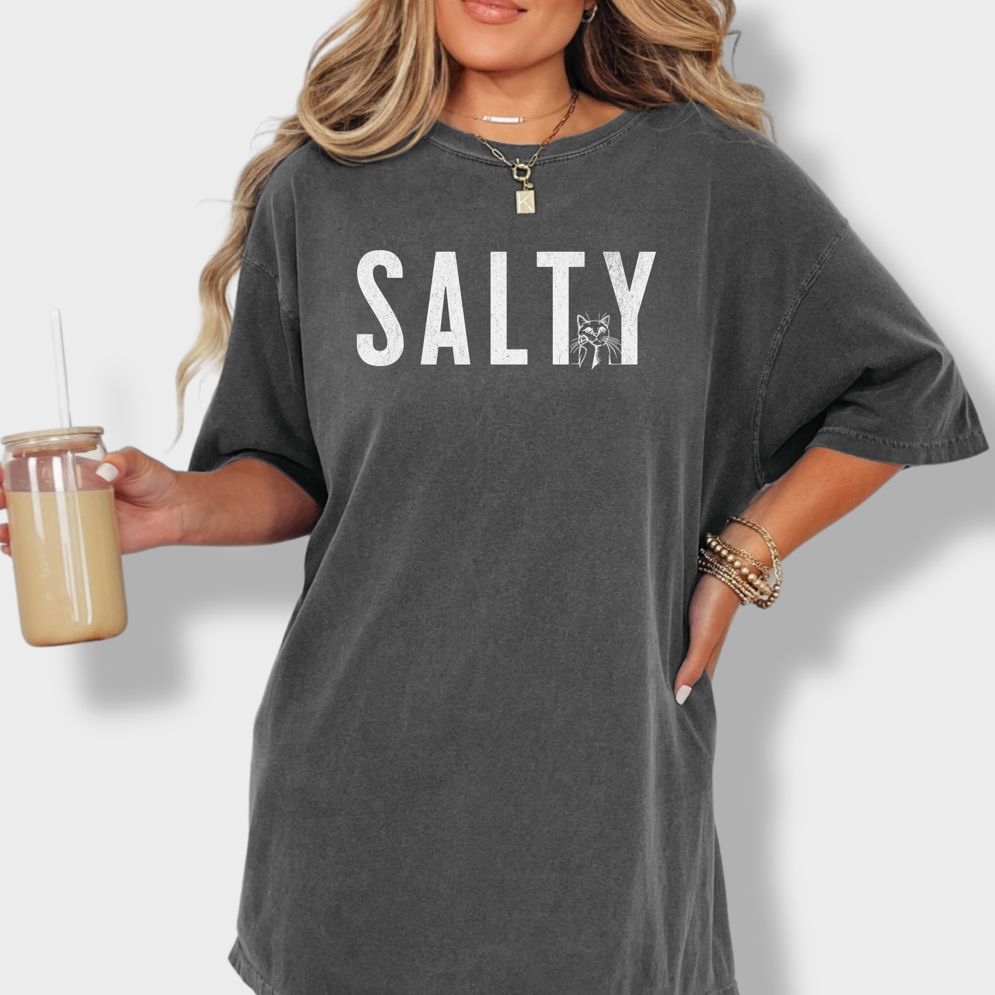 Retro Salty Minimalist Cat Text Comfort Colors T-Shirt in Pepper-Fetch N Found