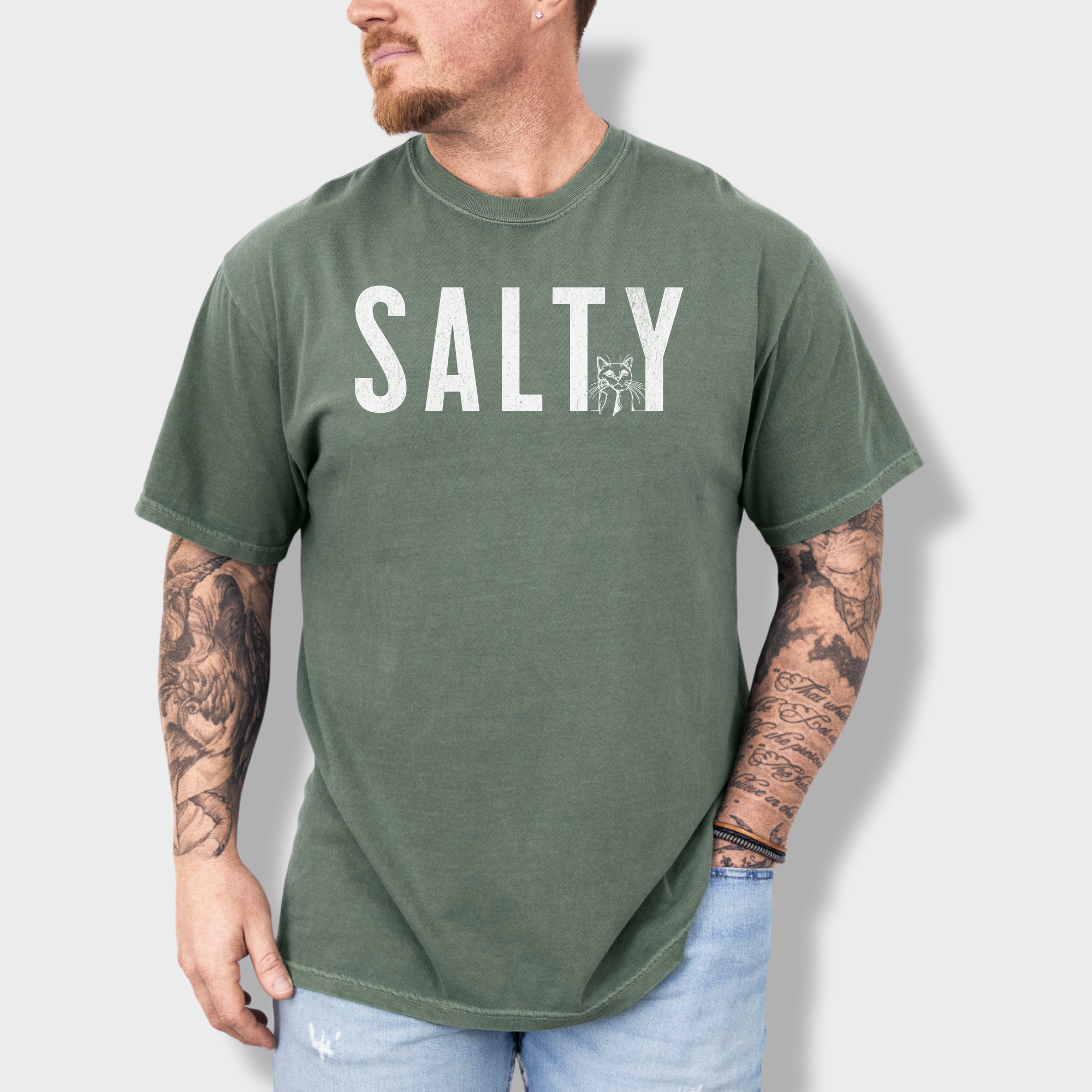 Retro Salty Minimalist Cat Text Comfort Colors T-Shirt in Moss-Fetch N Found