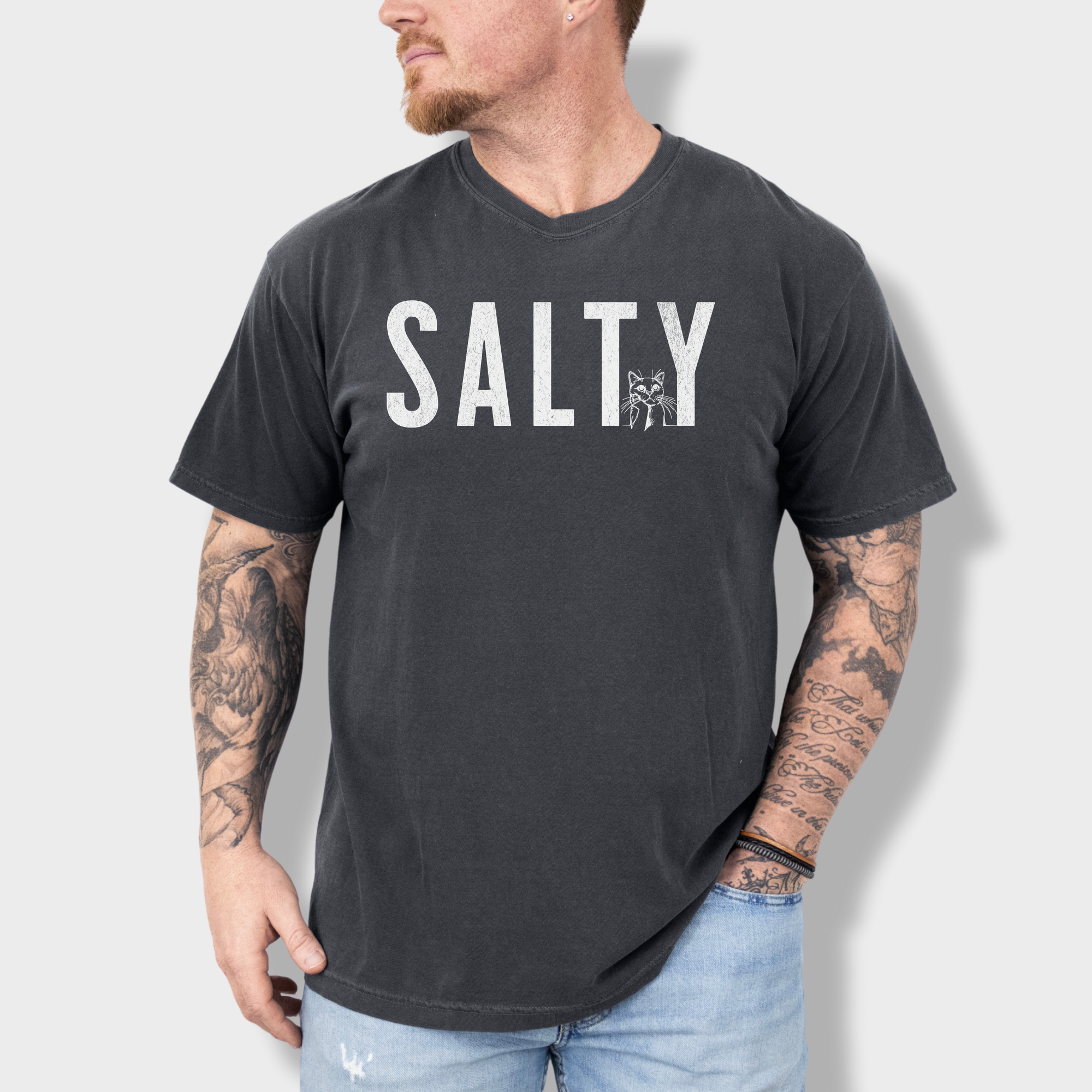 Retro Salty Minimalist Cat Text Comfort Colors T-Shirt in Pepper-Fetch N Found