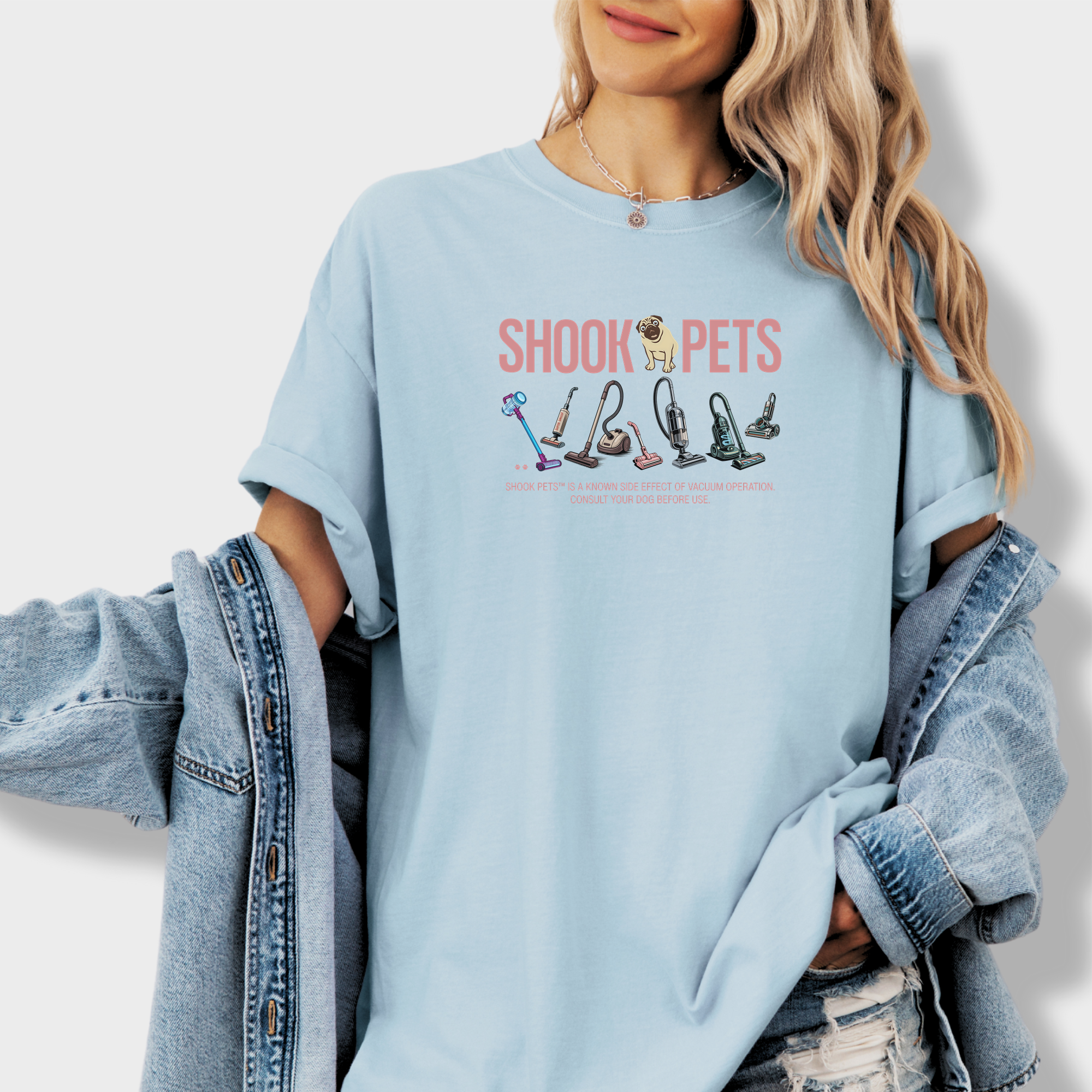 Retro Shook Pets Vacuum Wars Dog Graphic Comfort Colors T-Shirt in Chambray-T-Shirt-Chambray-Fetch N Found