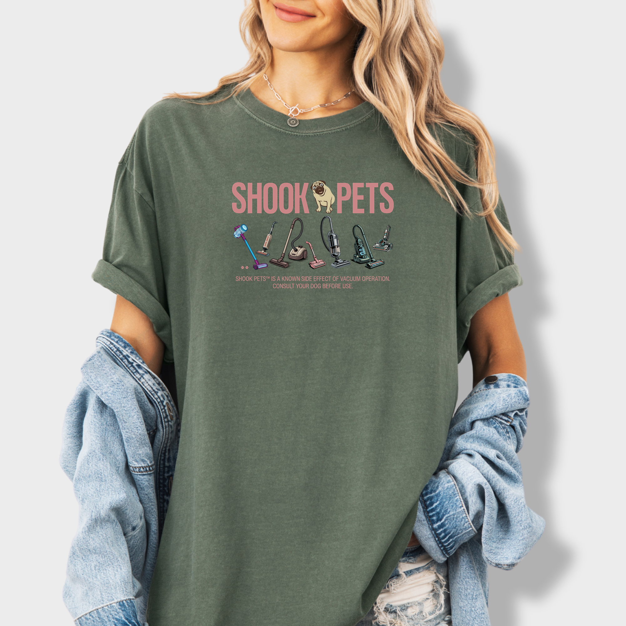 Retro Shook Pets Vacuum Wars Dog Graphic Comfort Colors T-Shirt in Moss-T-Shirt-Moss-Fetch N Found