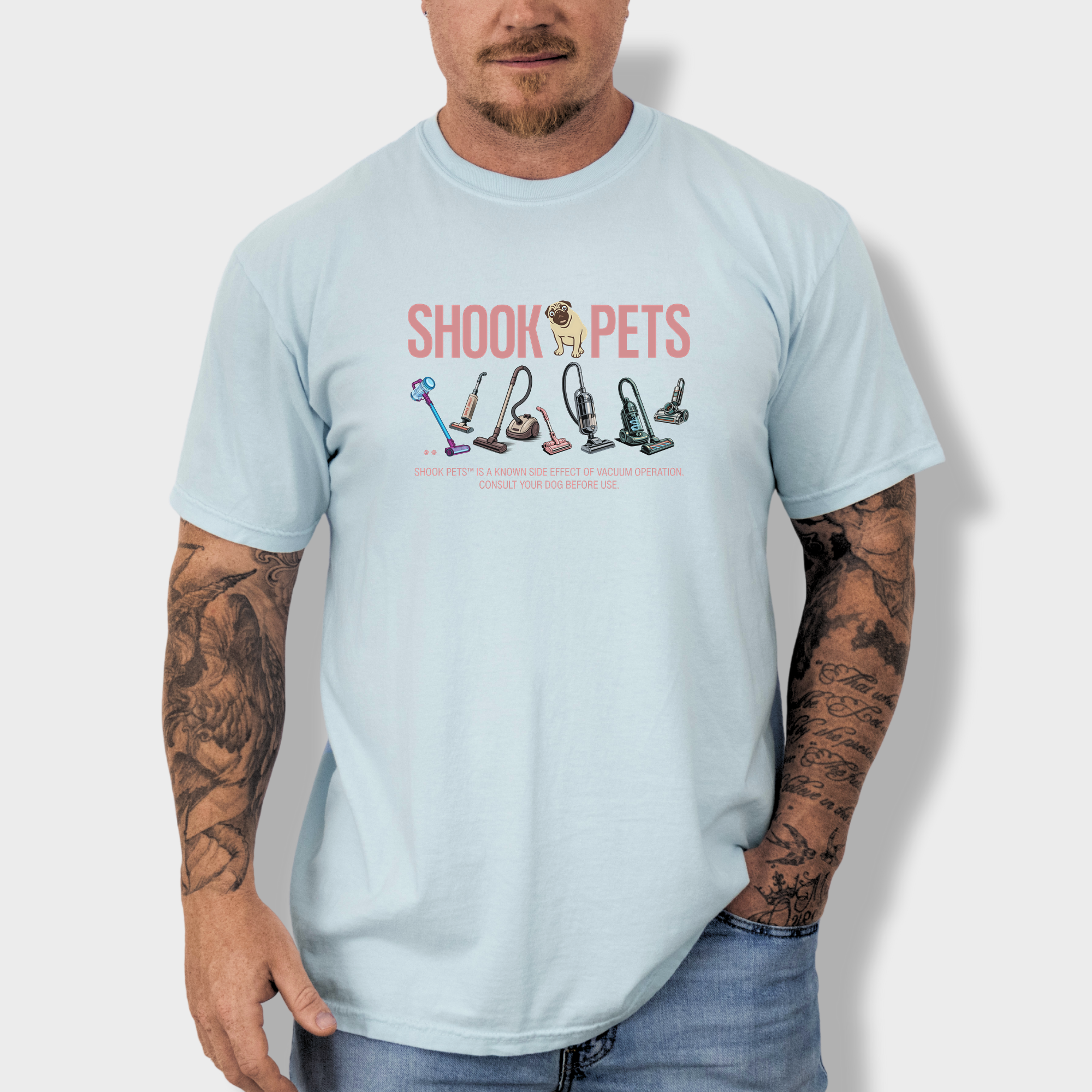 Retro Shook Pets Vacuum Wars Dog Graphic Comfort Colors T-Shirt in Chambray-T-Shirt-Chambray-Fetch N Found