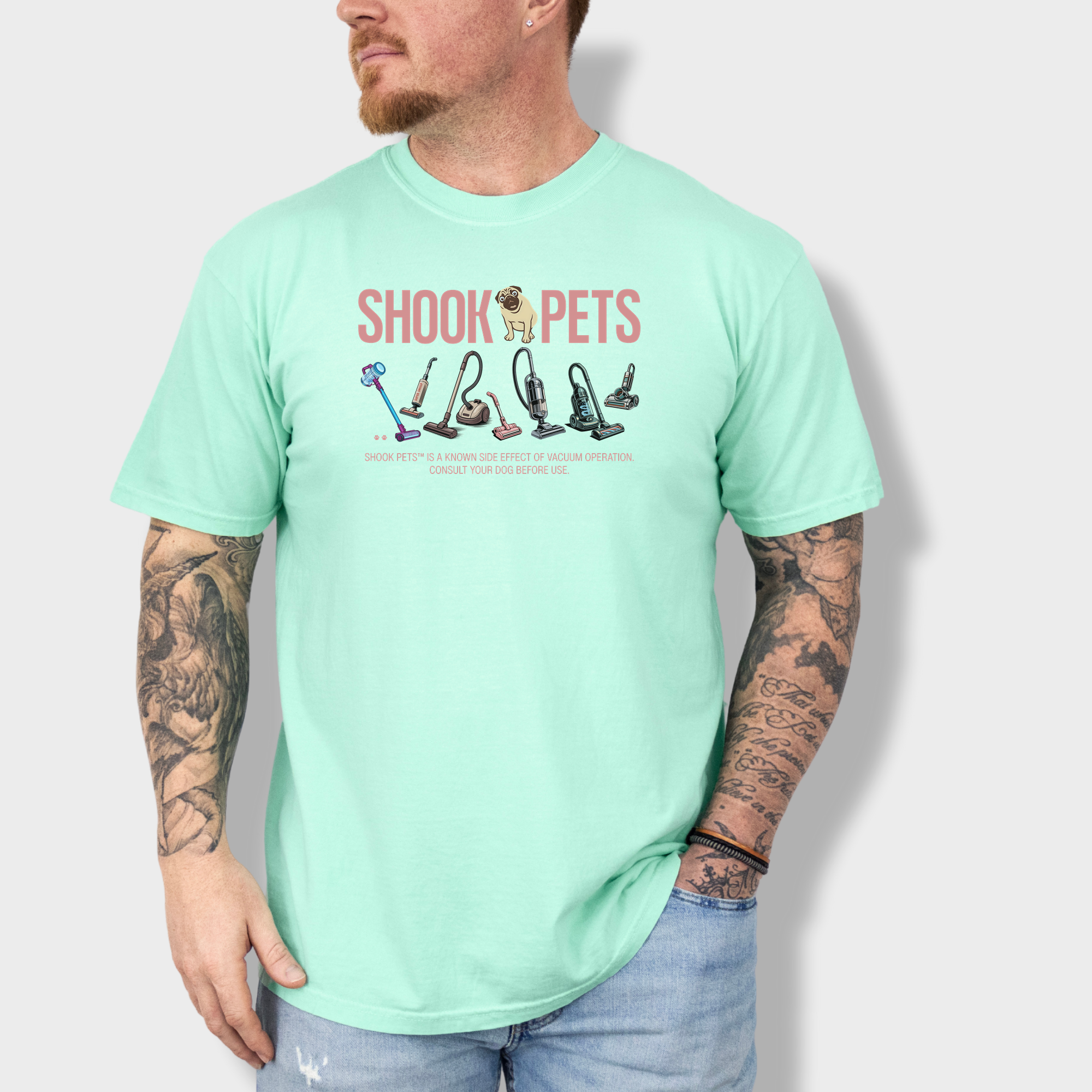 Retro Shook Pets Vacuum Wars Dog Graphic Comfort Colors T-Shirt in Island Reef-T-Shirt-Island Reef-Fetch N Found