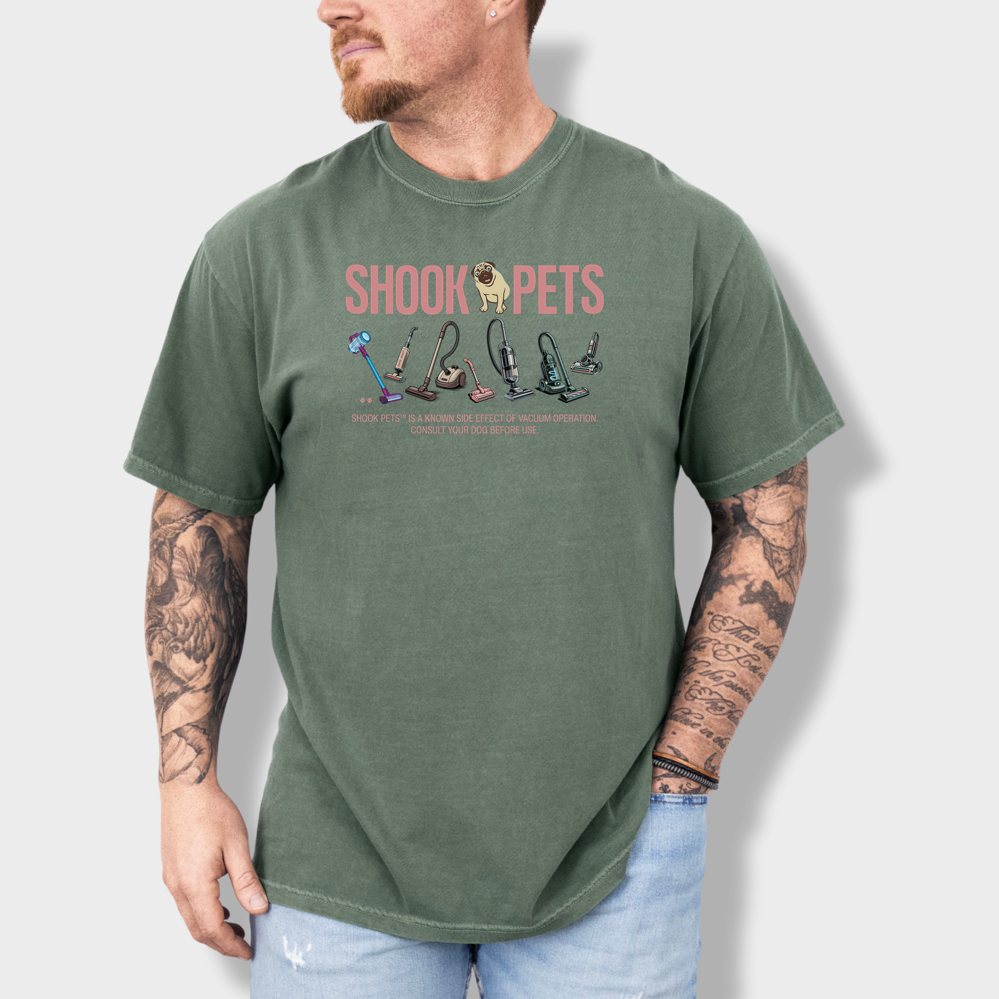 Retro Shook Pets Vacuum Wars Dog Graphic Comfort Colors T-Shirt in Moss-T-Shirt-Moss-Fetch N Found