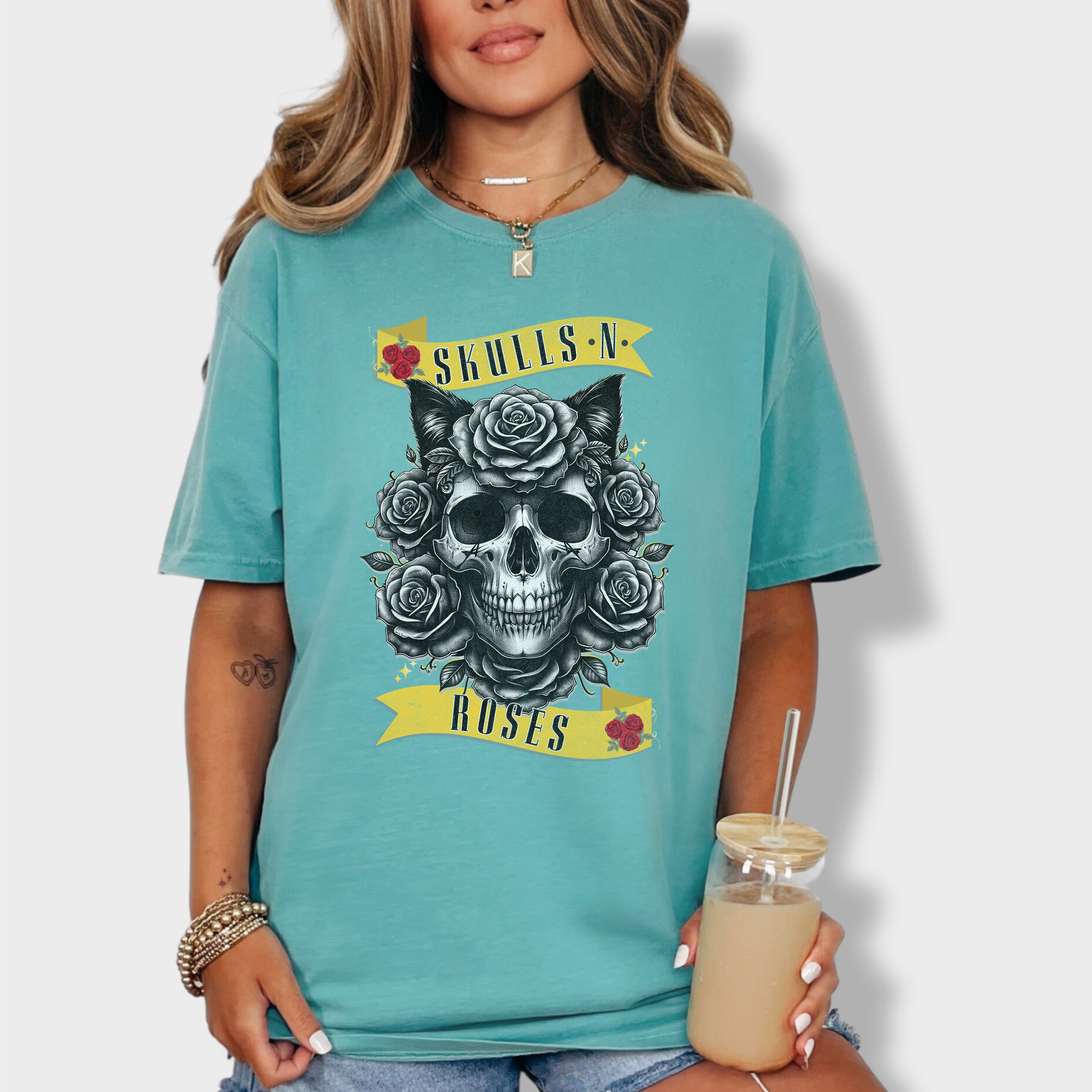 Floral Pet Skulls N Roses Solo Band Pet Skeleton Comfort Colors T-Shirt in Seafoam