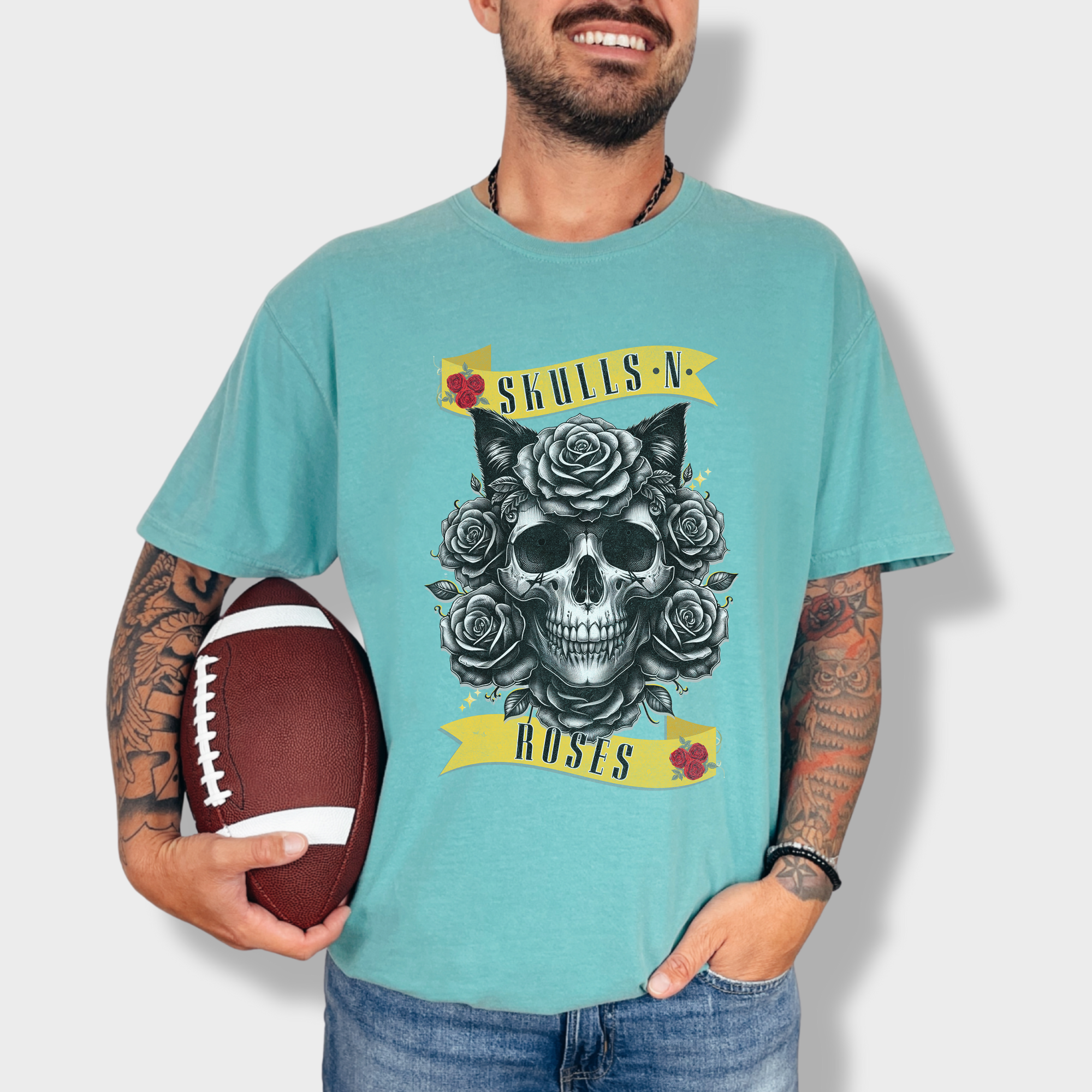 Floral Pet Skulls N Roses Solo Band Pet Skeleton Comfort Colors T-Shirt in Seafoam