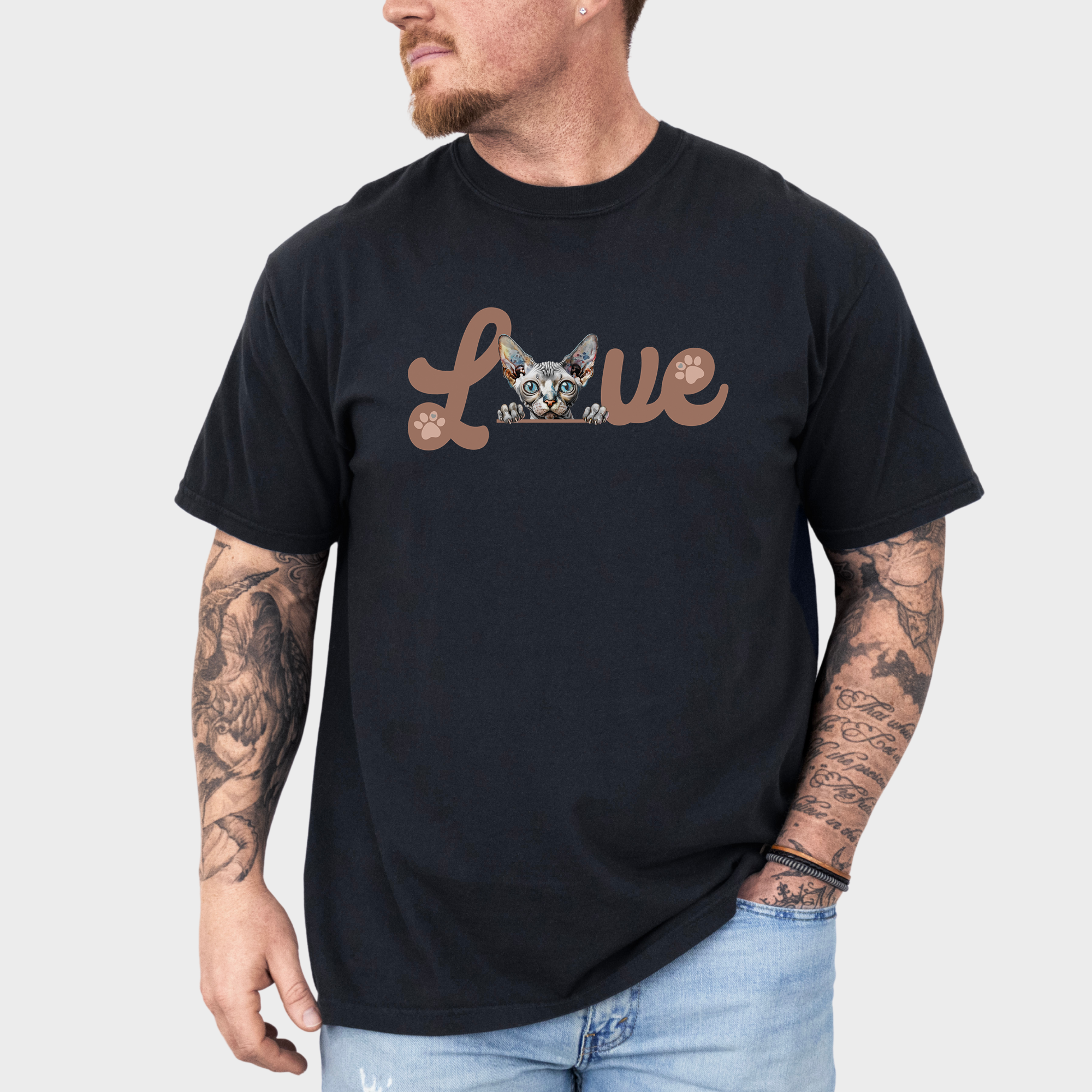 Black cotton T-shirt featuring a modern Sphynx cat design integrated into a unique L-O-V-E typography.