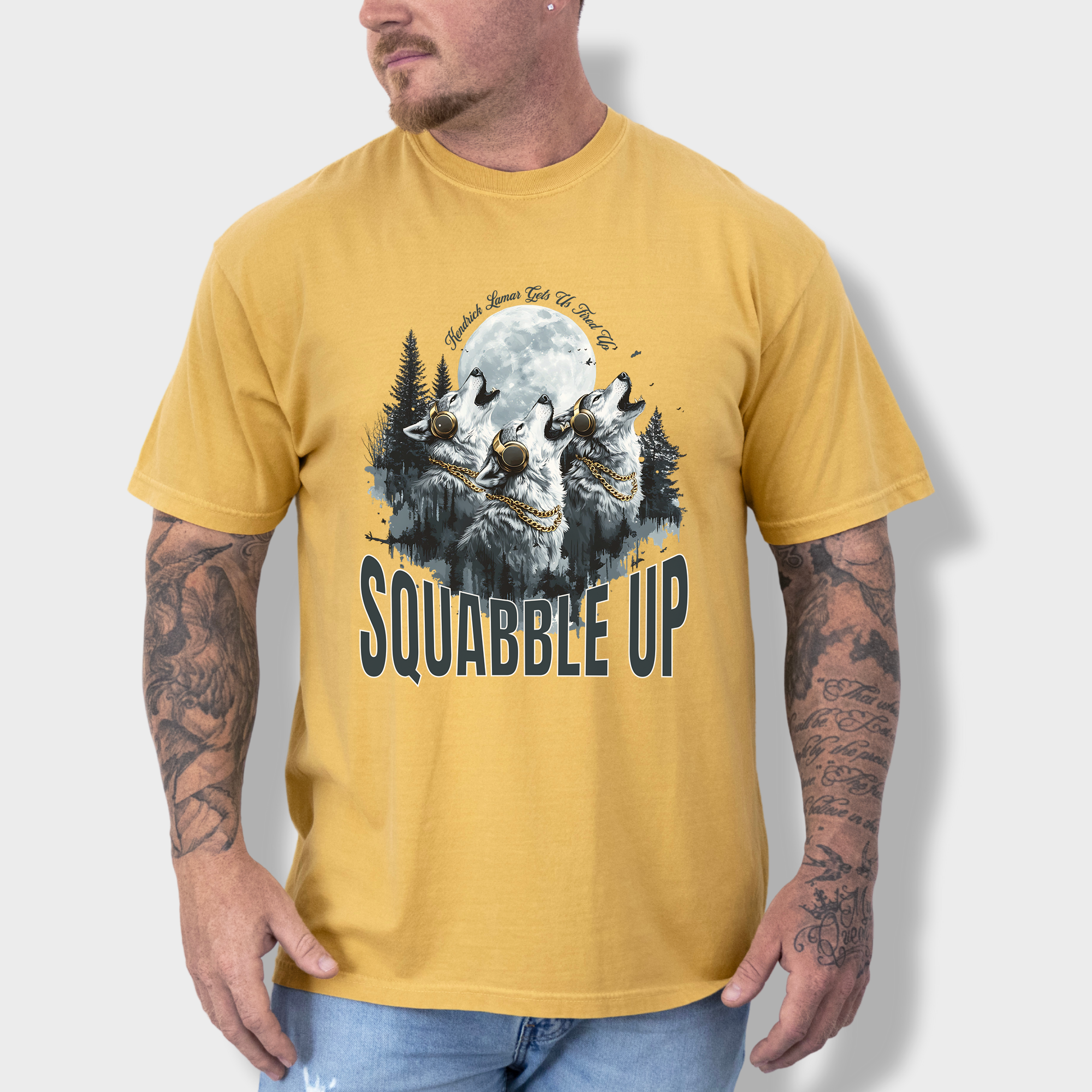 Unique artistic wolf T-shirt with a moonlit scene, headphones on the wolves, and a Kendrick Lamar-inspired music reference.