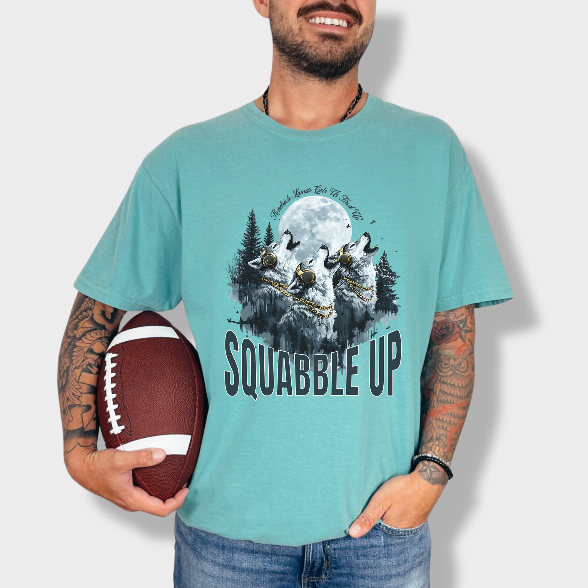 Unique artistic wolf T-shirt with a moonlit scene, headphones on the wolves, and a Kendrick Lamar-inspired music reference.