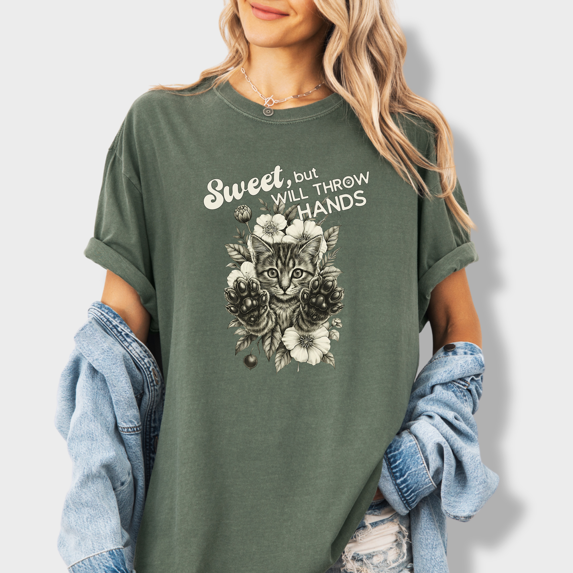 Minimalist Sweet But Will Throw Hands Cat Text Comfort Colors T-Shirt in Moss-T-Shirt-Moss-Fetch N Found