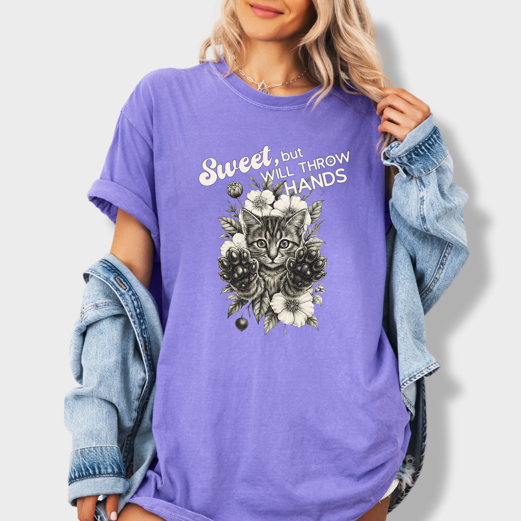 Minimalist Sweet But Will Throw Hands Cat Text Comfort Colors T-Shirt in Violet-T-Shirt-Violet-Fetch N Found