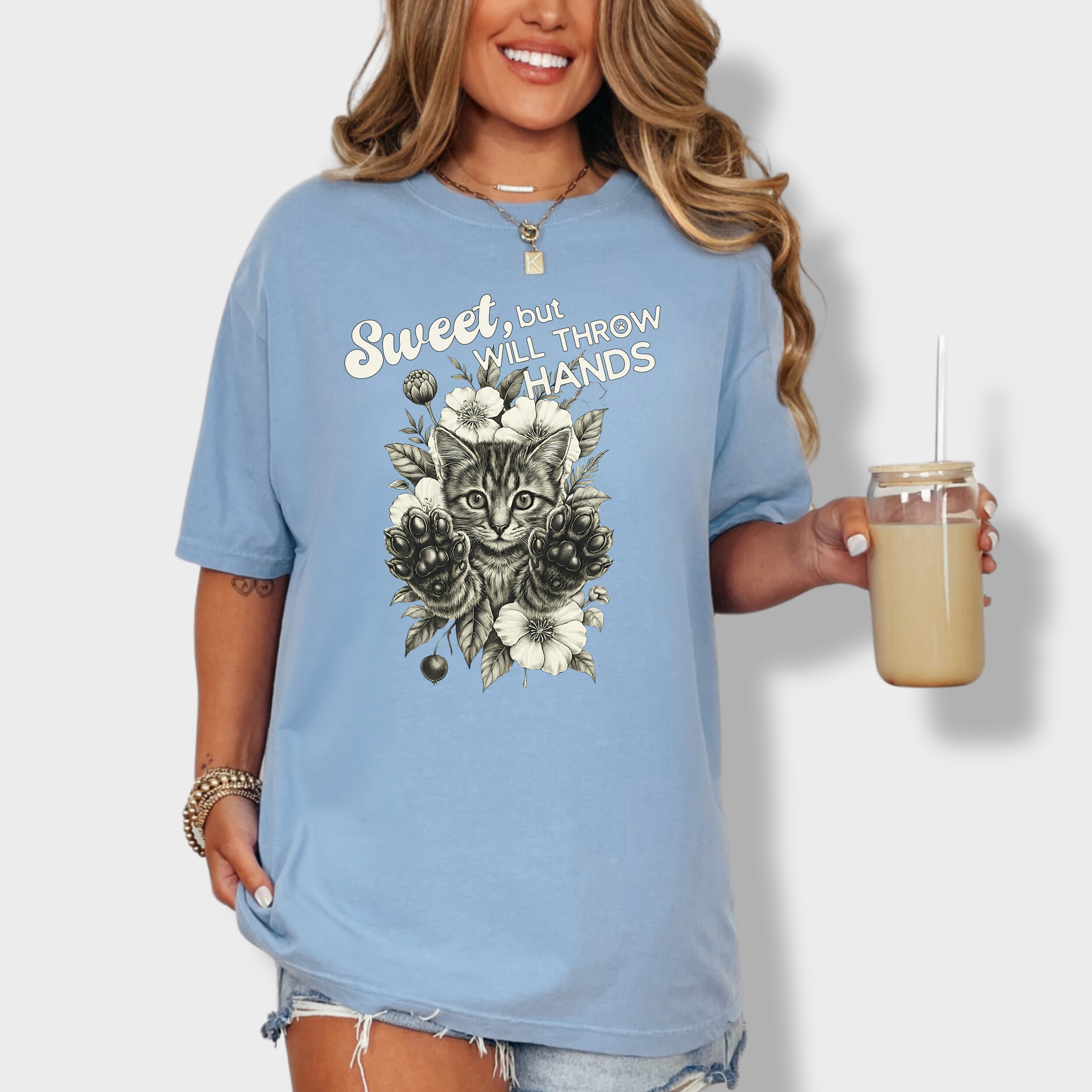 Western Sweet But Will Throw Hands Cat Line Art Comfort Colors T-Shirt in Washed Denim-T-Shirt-Washed Denim-Fetch N Found