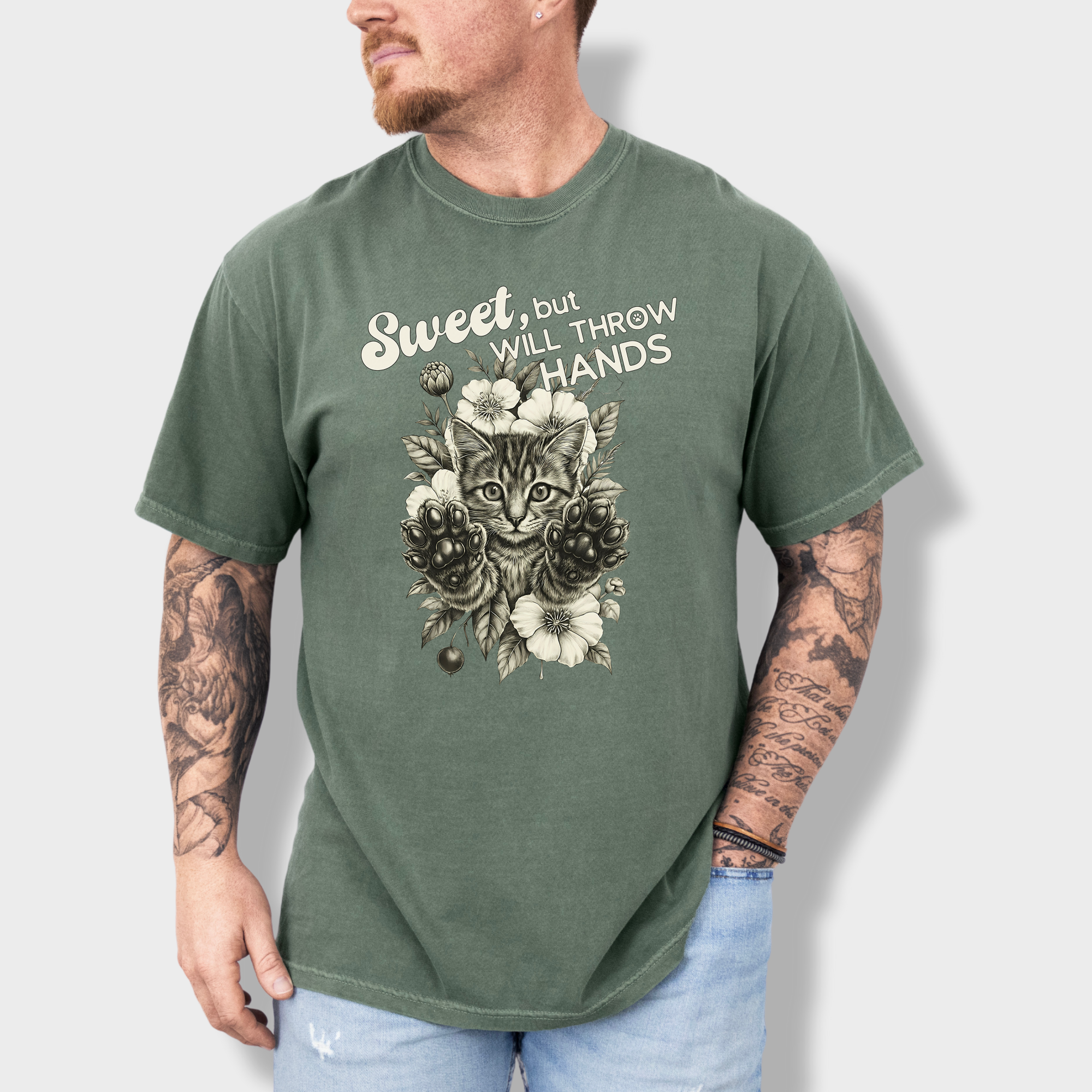 Minimalist Sweet But Will Throw Hands Cat Text Comfort Colors T-Shirt in Moss-T-Shirt-Moss-Fetch N Found
