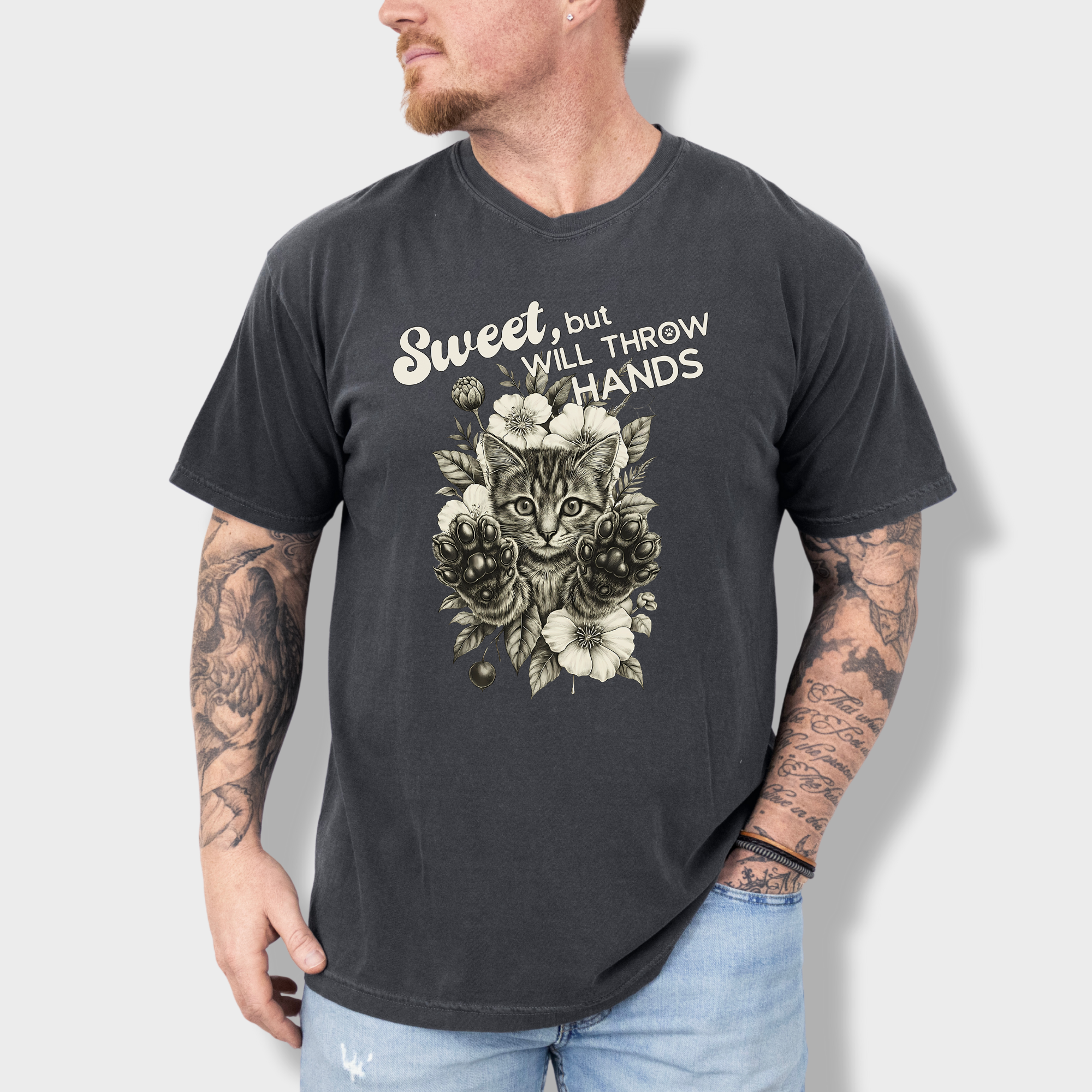 Western Sweet But Will Throw Hands Dog Line Art Comfort Colors T-Shirt in Pepper-T-Shirt-Pepper-Fetch N Found