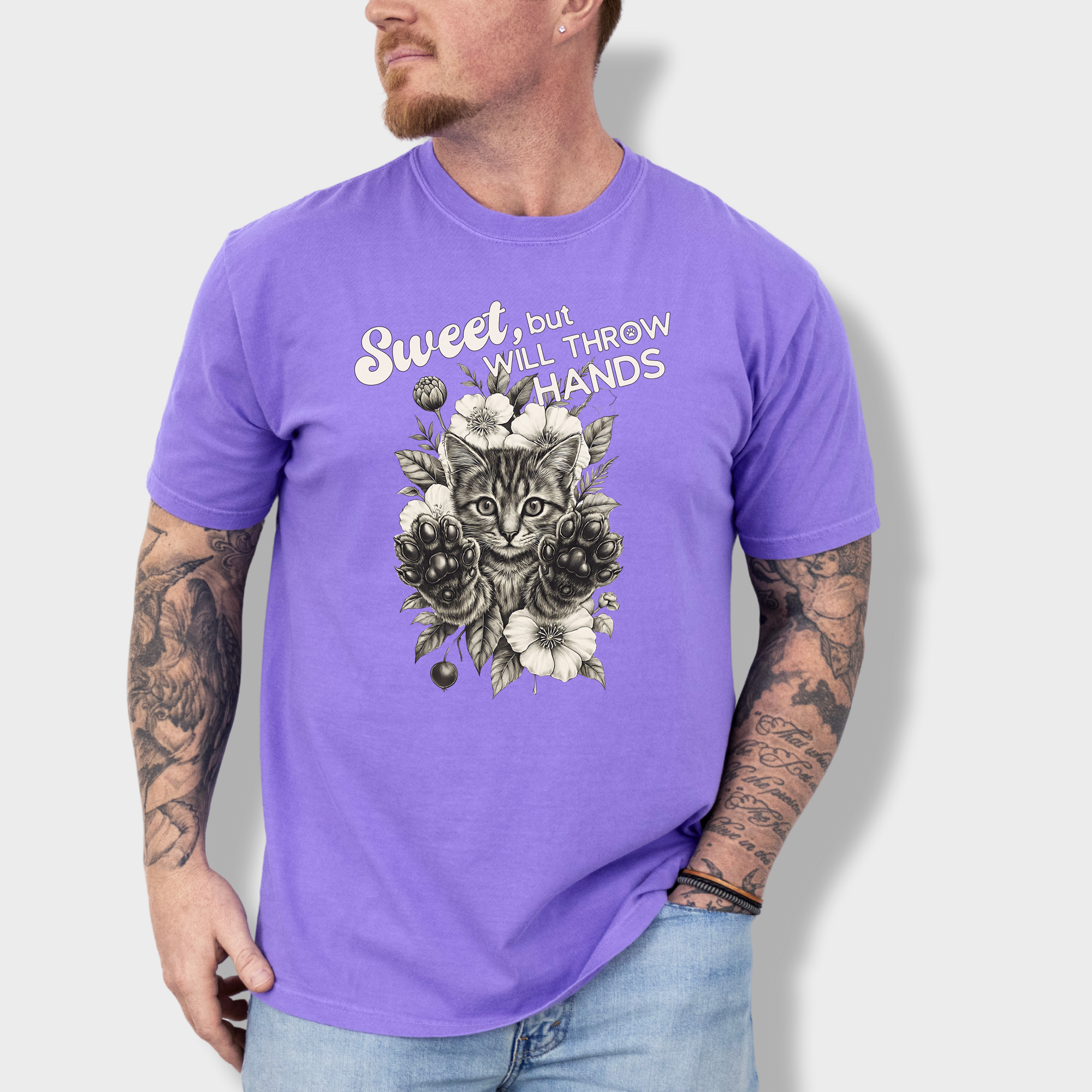 Minimalist Sweet But Will Throw Hands Cat Text Comfort Colors T-Shirt in Violet-T-Shirt-Violet-Fetch N Found