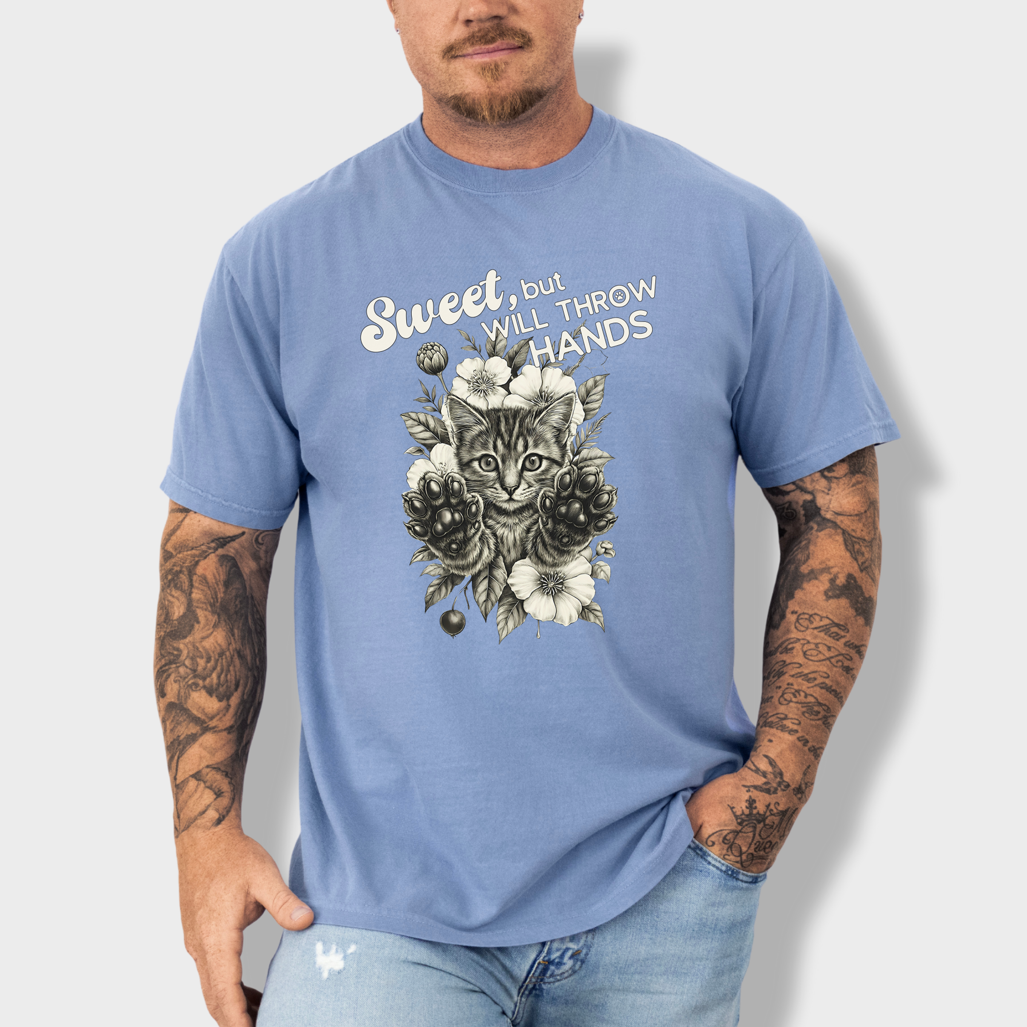 Western Sweet But Will Throw Hands Cat Line Art Comfort Colors T-Shirt in Washed Denim-T-Shirt-Washed Denim-Fetch N Found