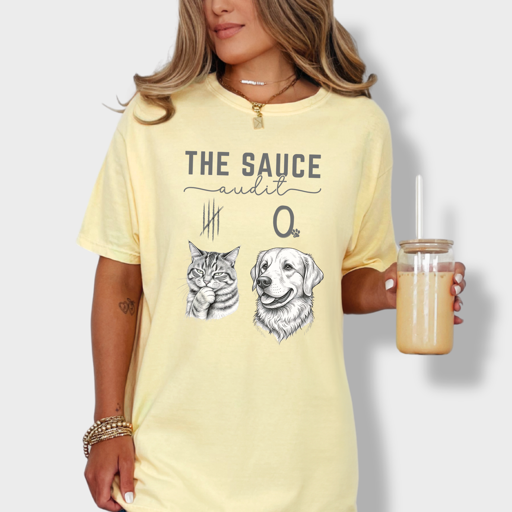 Line Art Who Gives the Sauce Cat v Dog Sauce Audit dog Graphic Comfort Colors T-Shirt in Butter-T-Shirt-Butter-Fetch N Found