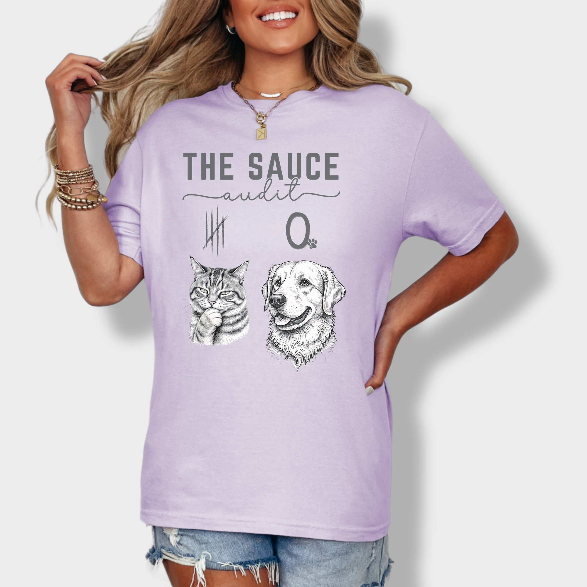 Line Art Who Gives the Sauce Cat v Dog Sauce Audit Cat Graphic Comfort Colors T-Shirt in Orchid-T-Shirt-Orchid-Fetch N Found