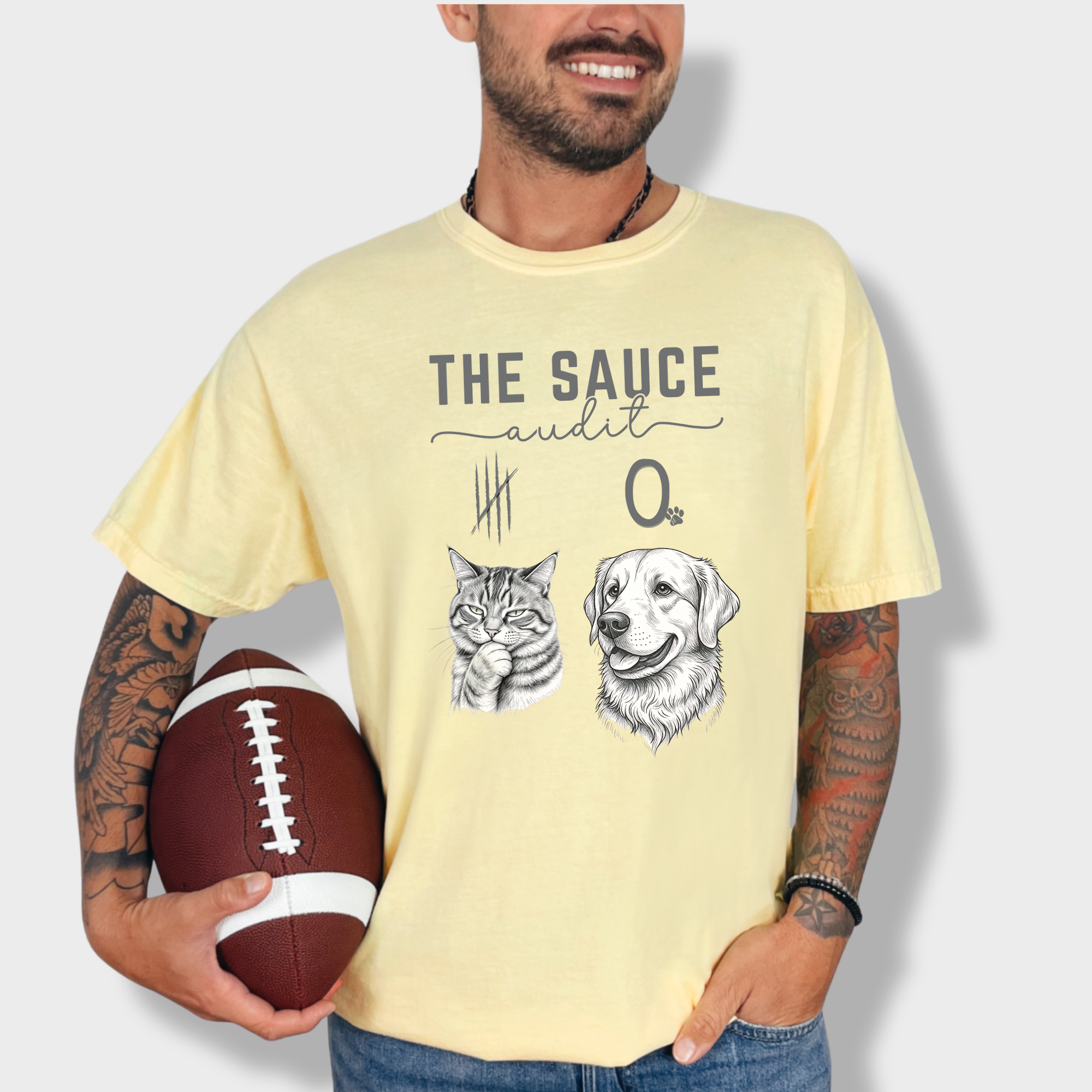 Line Art Who Gives the Sauce Cat v Dog Sauce Audit dog Graphic Comfort Colors T-Shirt in Butter-T-Shirt-Butter-Fetch N Found