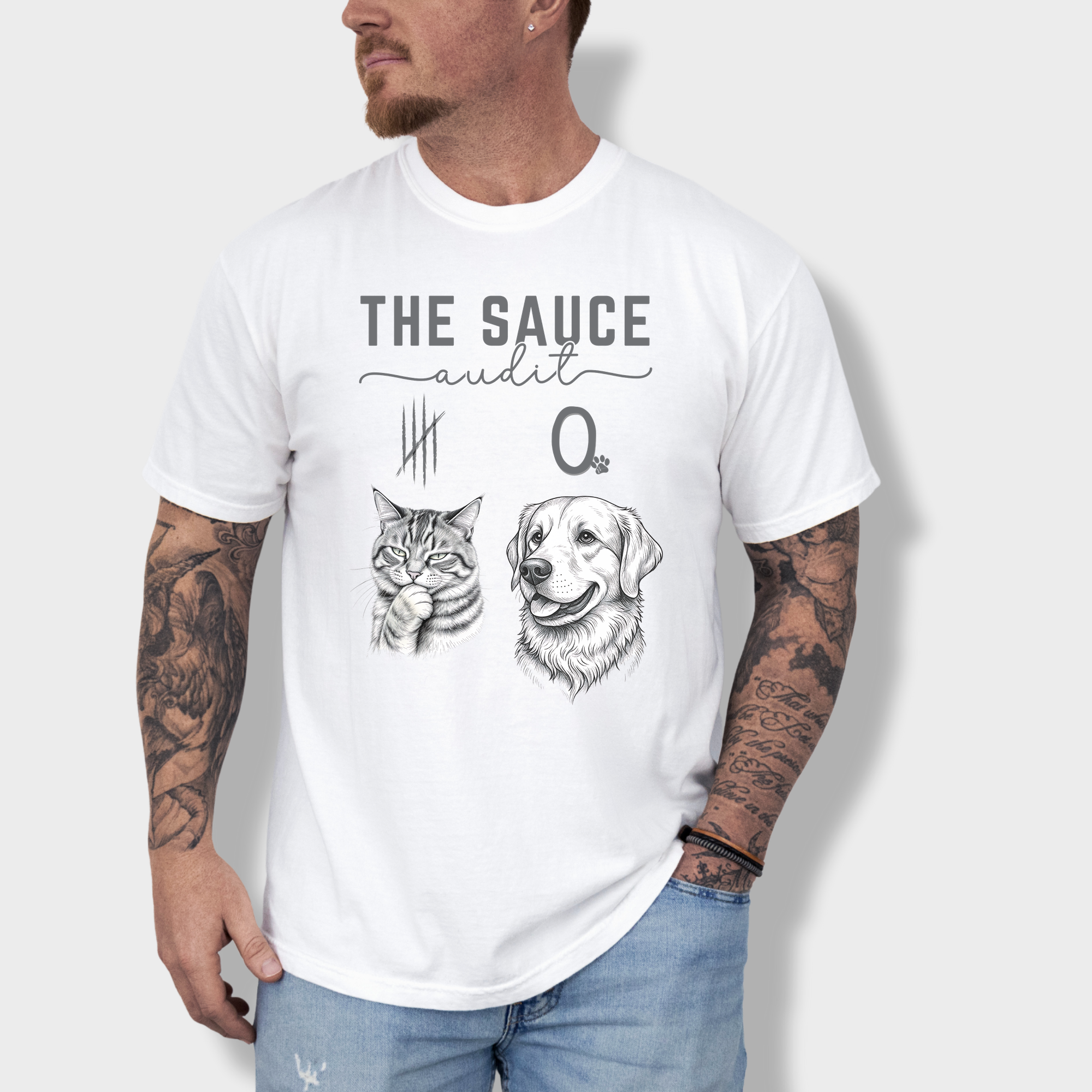 Line Art Who Gives the Sauce Cat v Dog Sauce Audit Dog Graphic Comfort Colors T-Shirt in White-T-Shirt-White-Fetch N Found