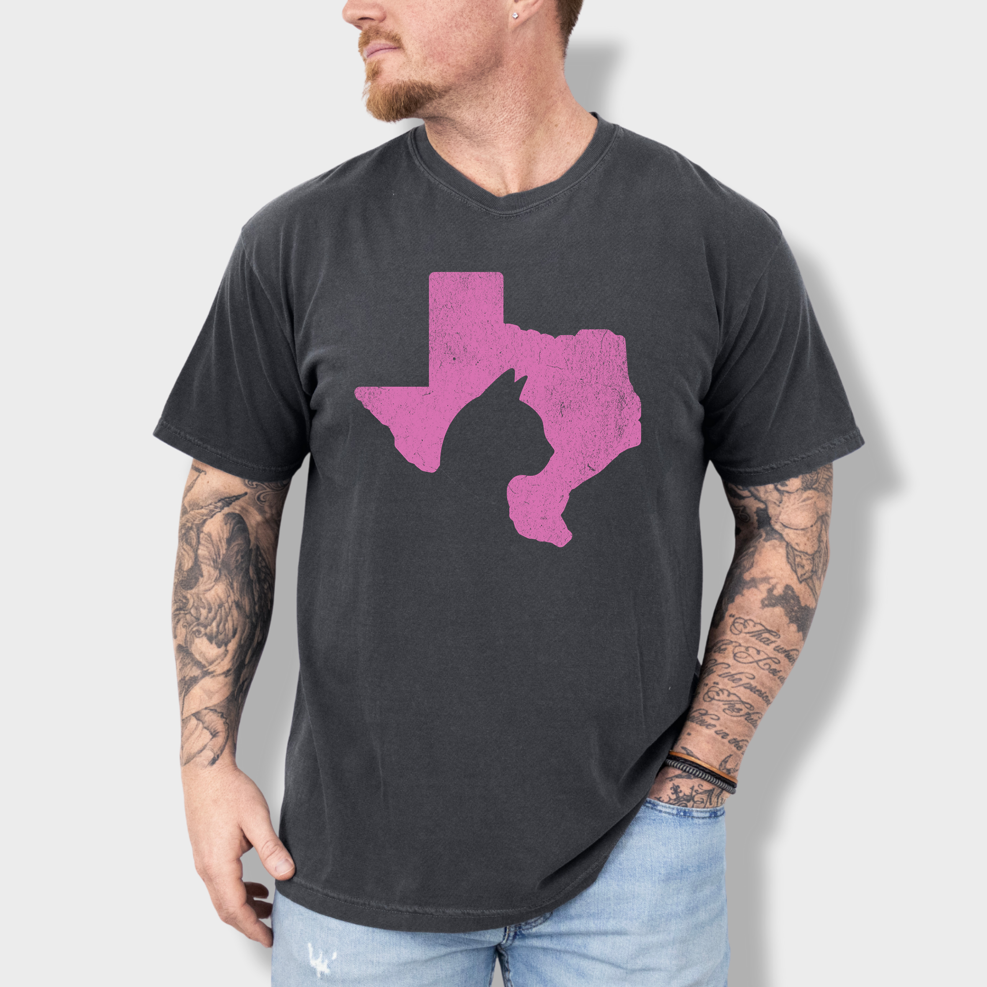 Minimalist Texas State Cat Lover Cat Graphic Comfort Colors T-Shirt in Pepper-T-Shirt-Pepper-Fetch N Found