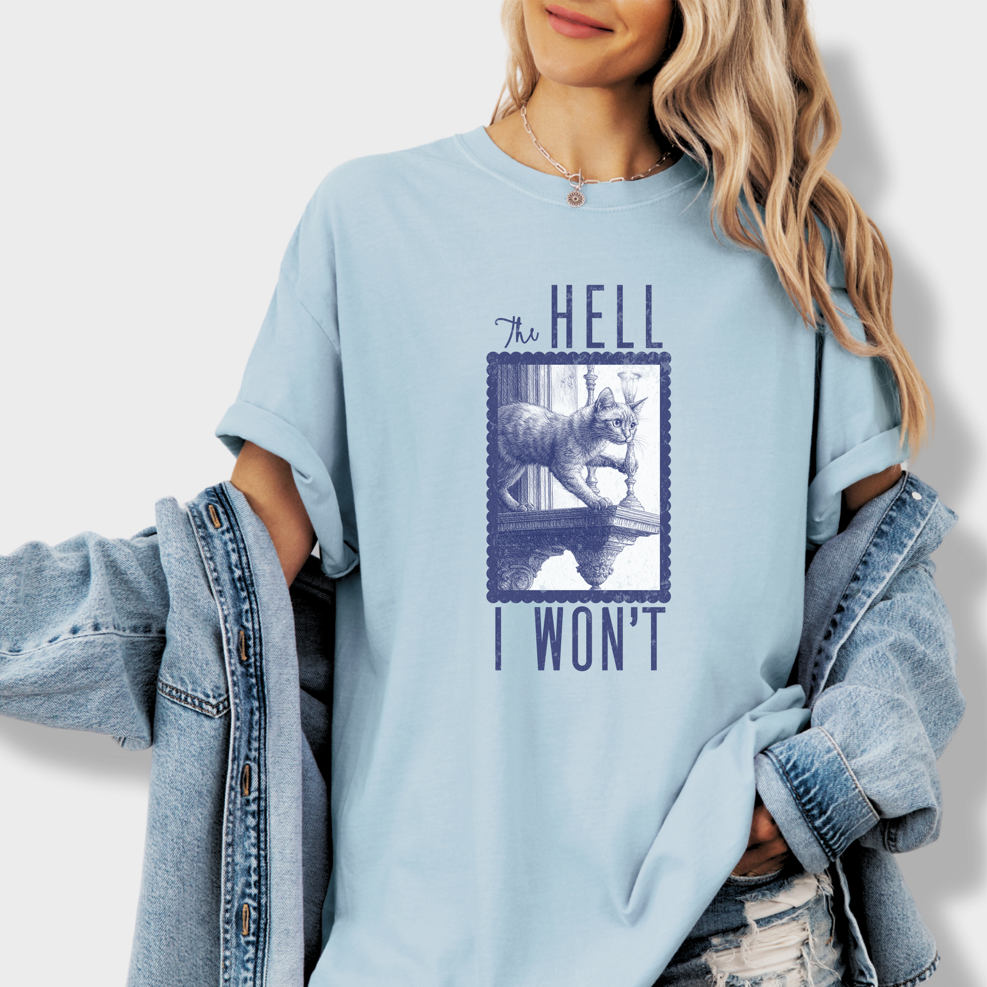 Western The Hell I Won't Cat Edition Cat Line Art Comfort Colors T-Shirt in Chambray-Fetch N Found