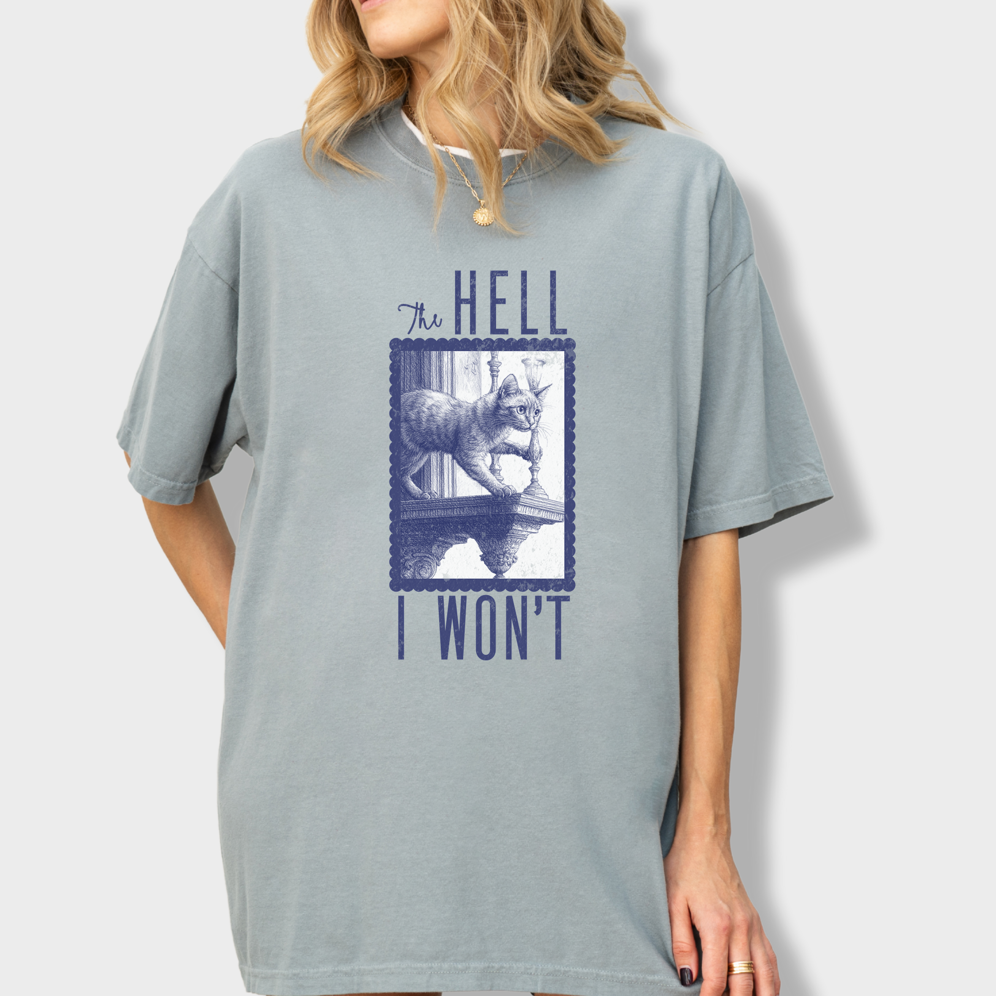 Western The Hell I Won't Cat Edition Cat Line Art Comfort Colors T-Shirt in Granite-Fetch N Found
