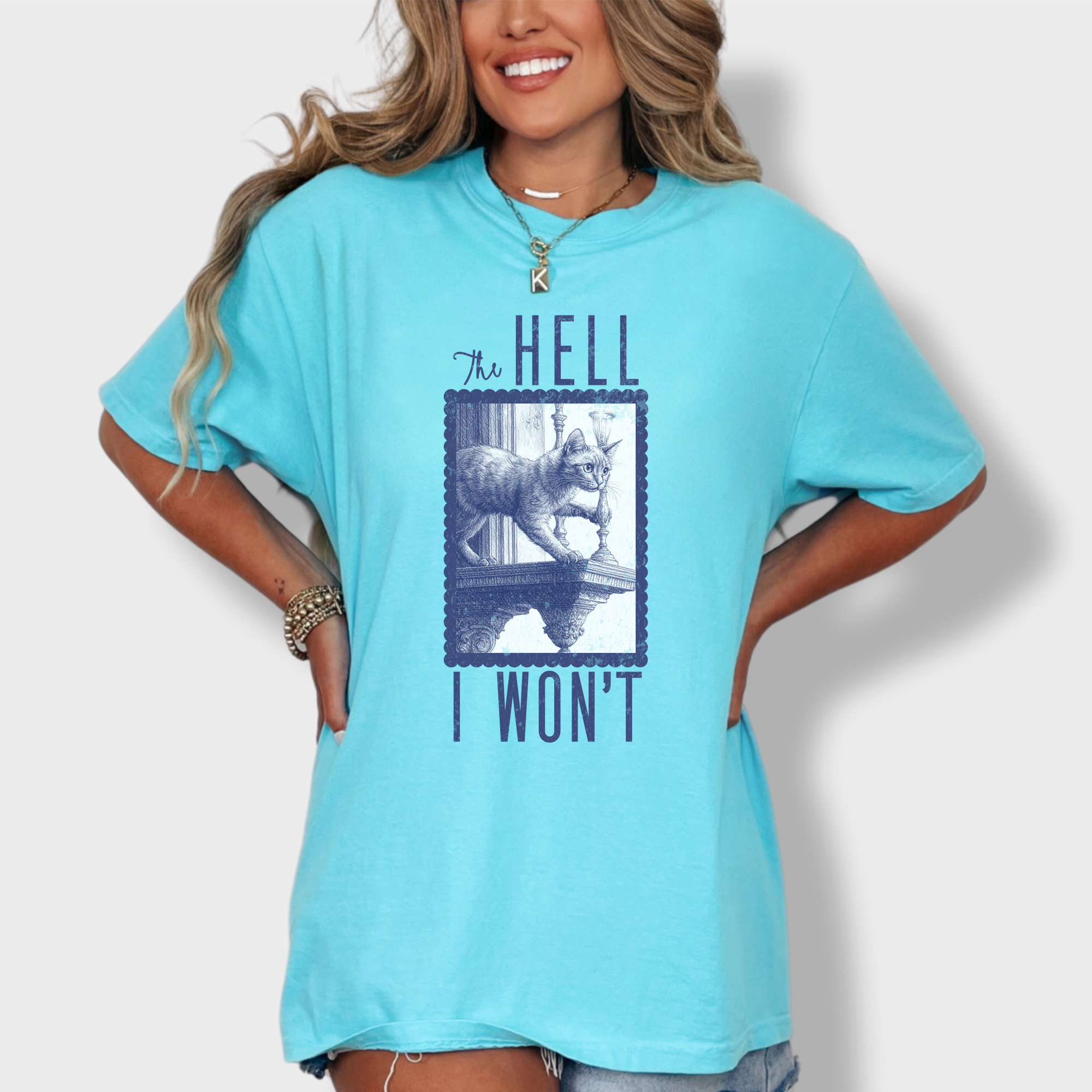 Western The Hell I Won't Cat Edition Cat Line Art Comfort Colors T-Shirt in Lagoon Blue-Fetch N Found